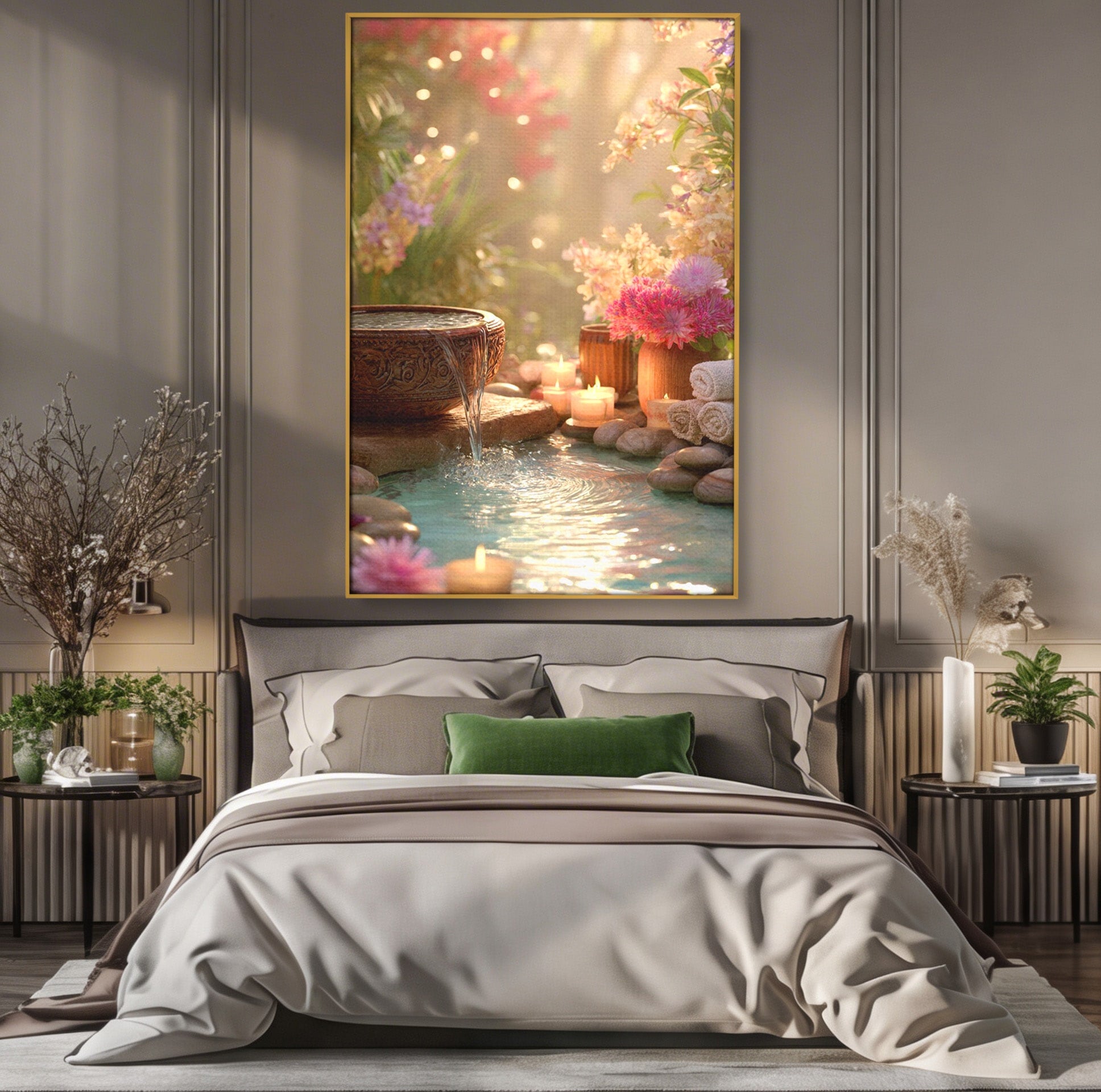 Tablou Canvas Premium LuxCanva® PI1279, Rasarit In Gradina Zen, Oaza, Relaxare, Flori, Spa, Dormitor, Baie, Culori Vibrante