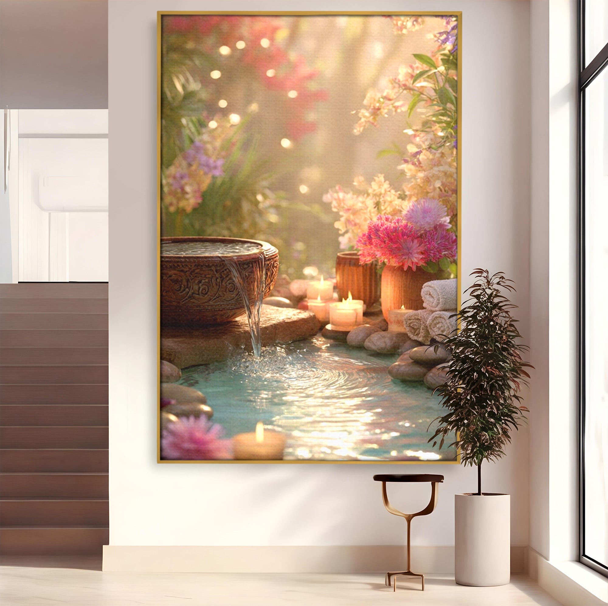 Tablou Canvas Premium LuxCanva® PI1279, Rasarit In Gradina Zen, Oaza, Relaxare, Flori, Spa, Dormitor, Baie, Culori Vibrante