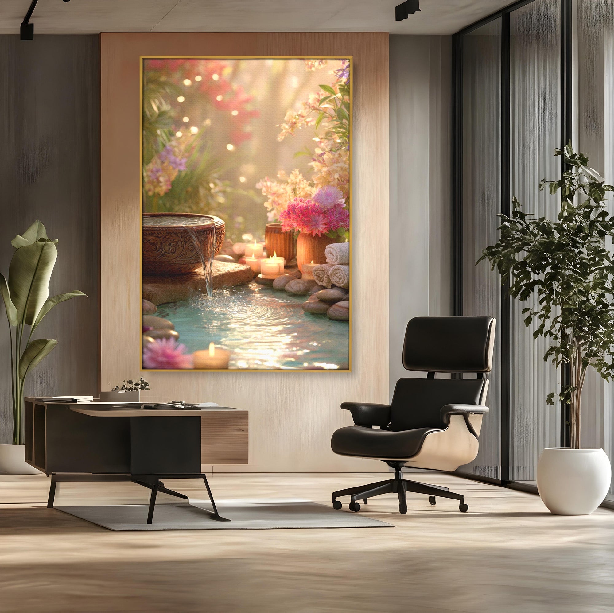 Tablou Canvas Premium LuxCanva® PI1279, Rasarit In Gradina Zen, Oaza, Relaxare, Flori, Spa, Dormitor, Baie, Culori Vibrante