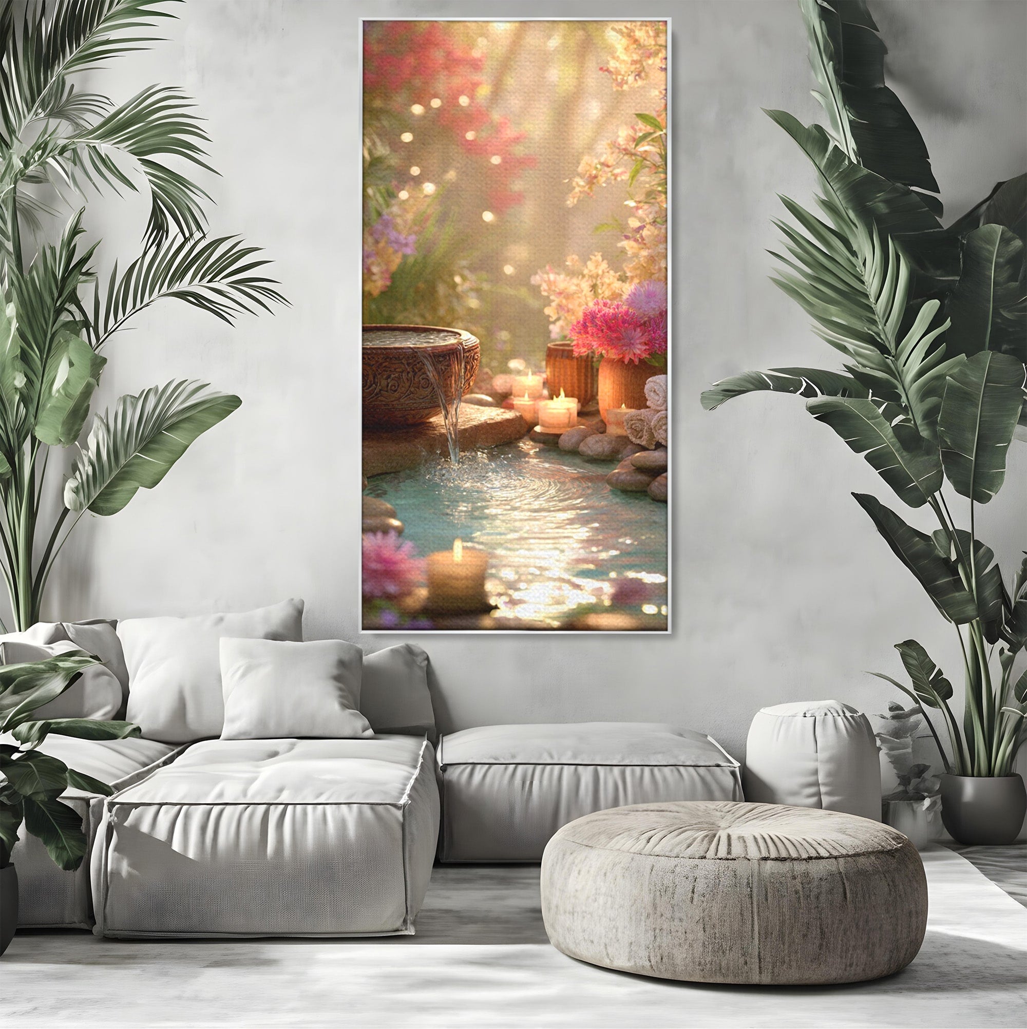 Tablou Canvas Premium LuxCanva® PI1279, Rasarit In Gradina Zen, Oaza, Relaxare, Flori, Spa, Dormitor, Baie, Culori Vibrante