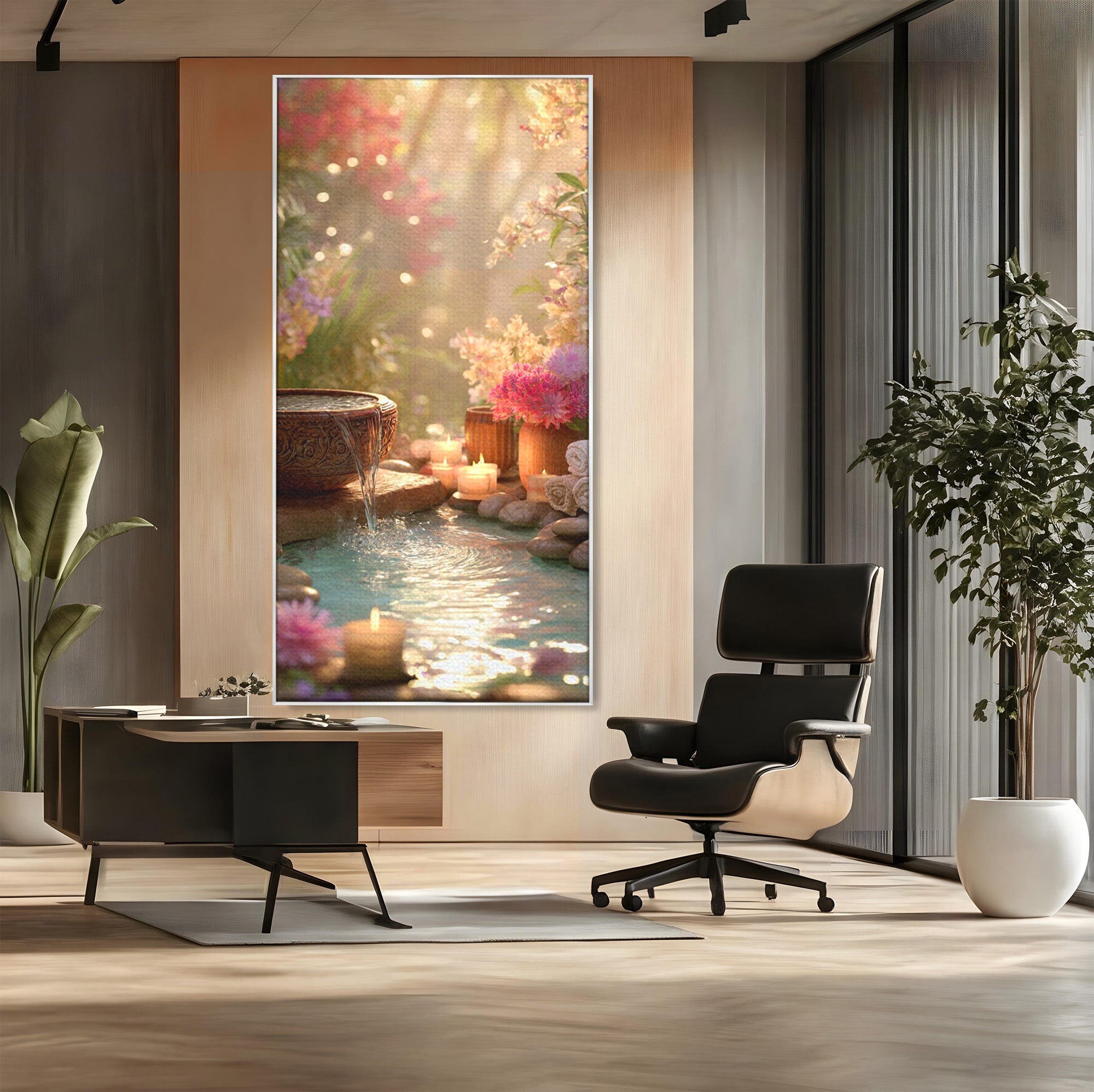 Tablou Canvas Premium LuxCanva® PI1279, Rasarit In Gradina Zen, Oaza, Relaxare, Flori, Spa, Dormitor, Baie, Culori Vibrante