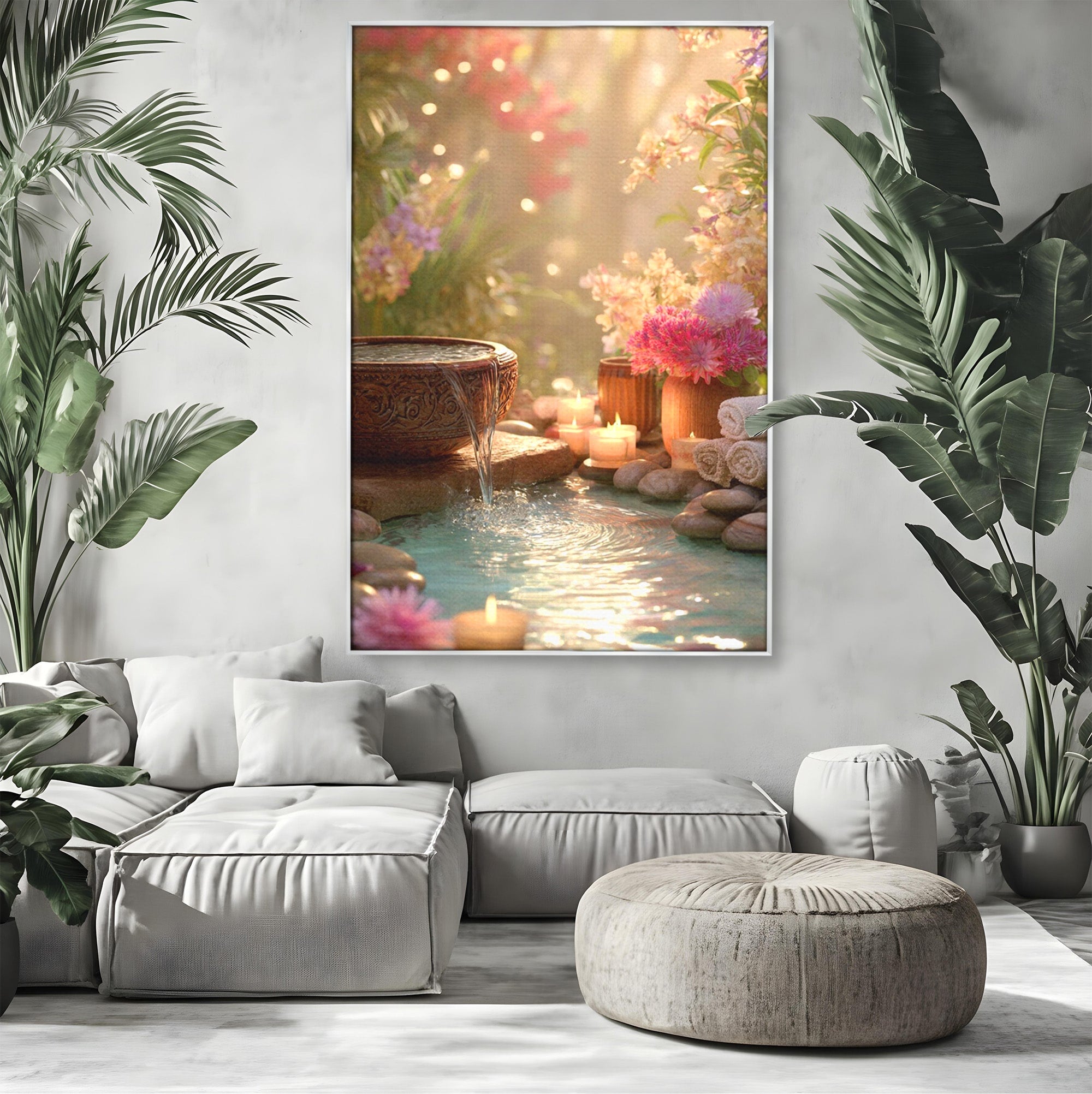 Tablou Canvas Premium LuxCanva® PI1279, Rasarit In Gradina Zen, Oaza, Relaxare, Flori, Spa, Dormitor, Baie, Culori Vibrante