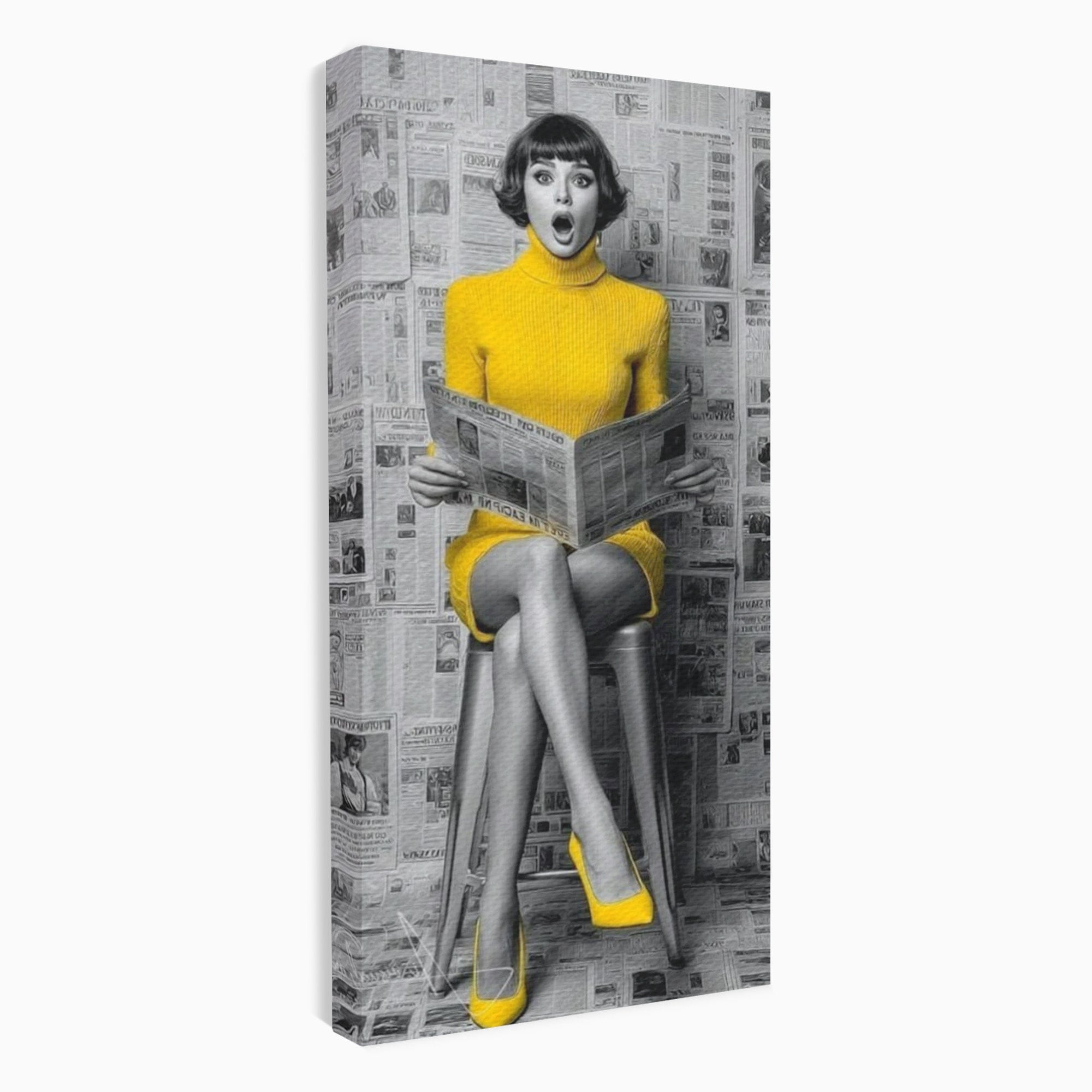 Tablou Canvas Premium LuxCanva® PI1280, Femeie Citind Ziarul, Galben, Scaun, Moda, Retro, Living, Culori Vibrante