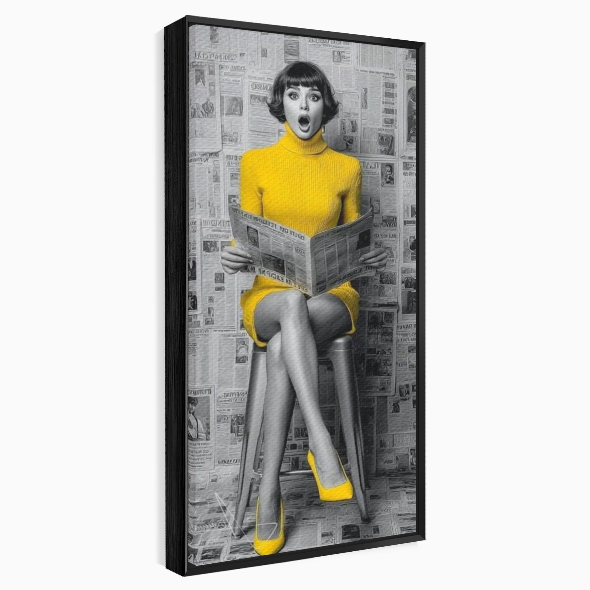 Tablou Canvas Premium LuxCanva® PI1280, Femeie Citind Ziarul, Galben, Scaun, Moda, Retro, Living, Culori Vibrante
