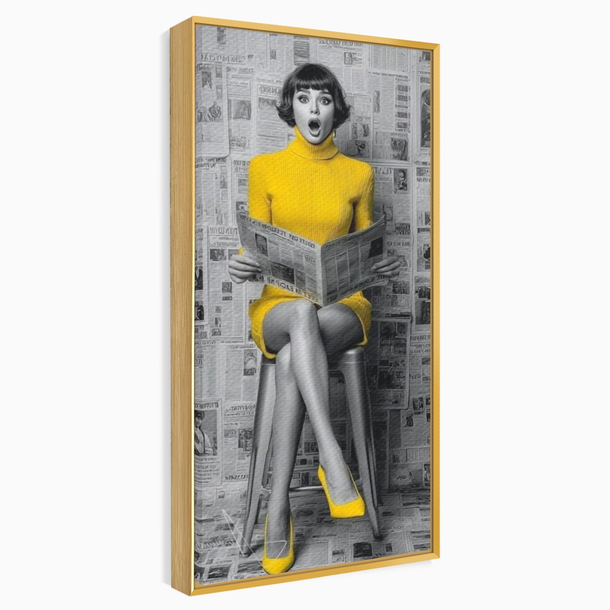 Tablou Canvas Premium LuxCanva® PI1280, Femeie Citind Ziarul, Galben, Scaun, Moda, Retro, Living, Culori Vibrante