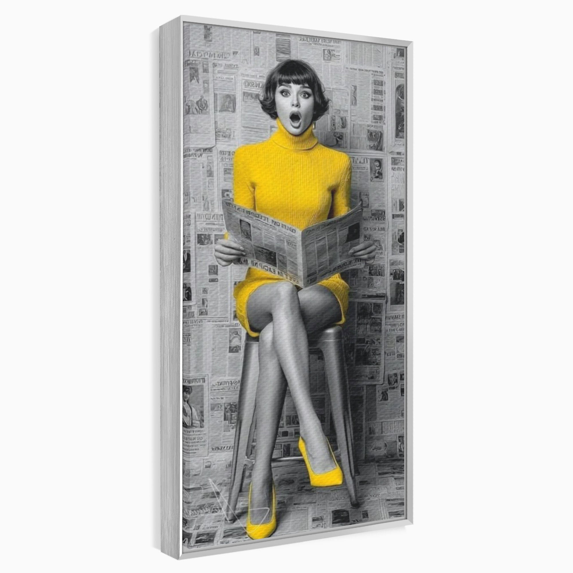 Tablou Canvas Premium LuxCanva® PI1280, Femeie Citind Ziarul, Galben, Scaun, Moda, Retro, Living, Culori Vibrante