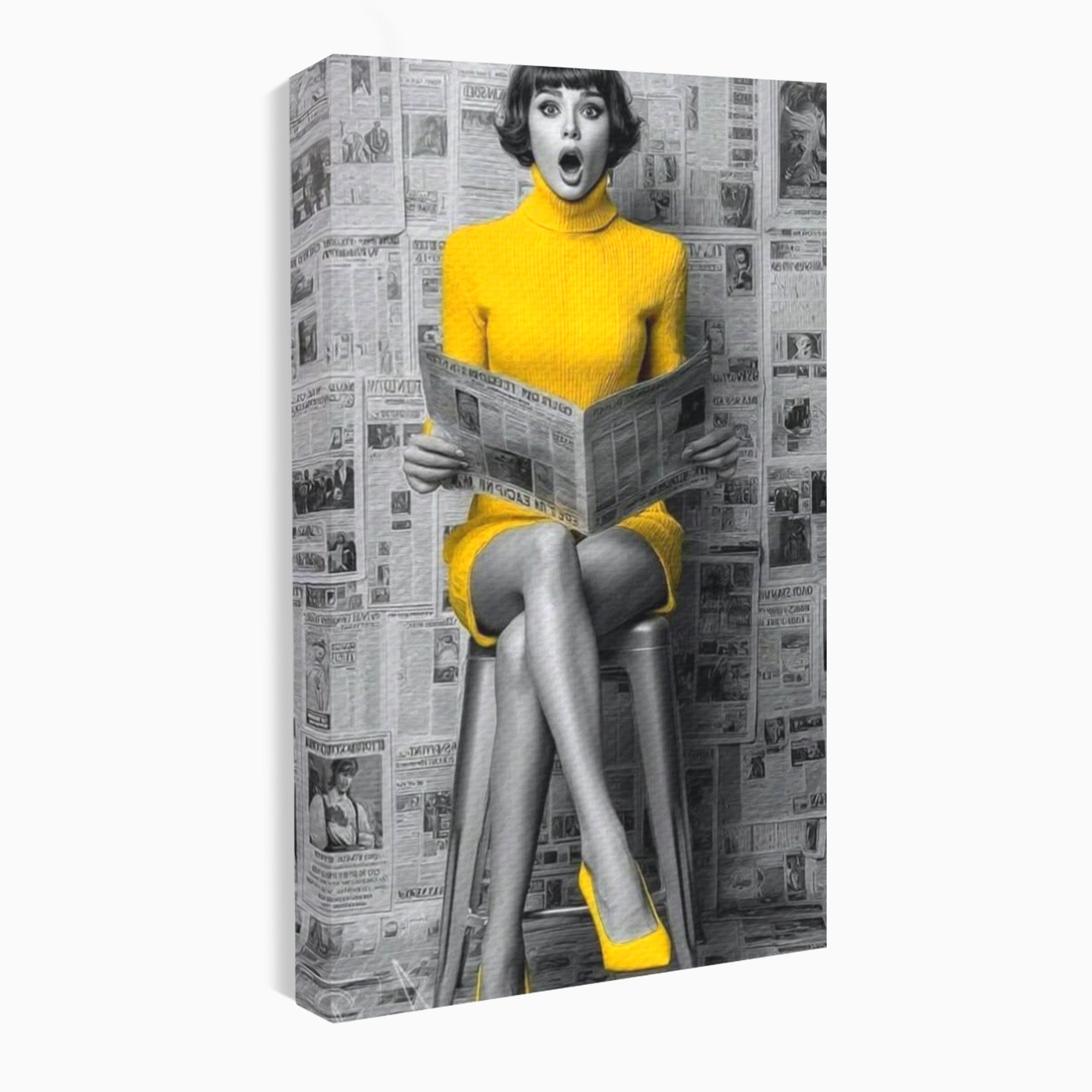 Tablou Canvas Premium LuxCanva® PI1280, Femeie Citind Ziarul, Galben, Scaun, Moda, Retro, Living, Culori Vibrante