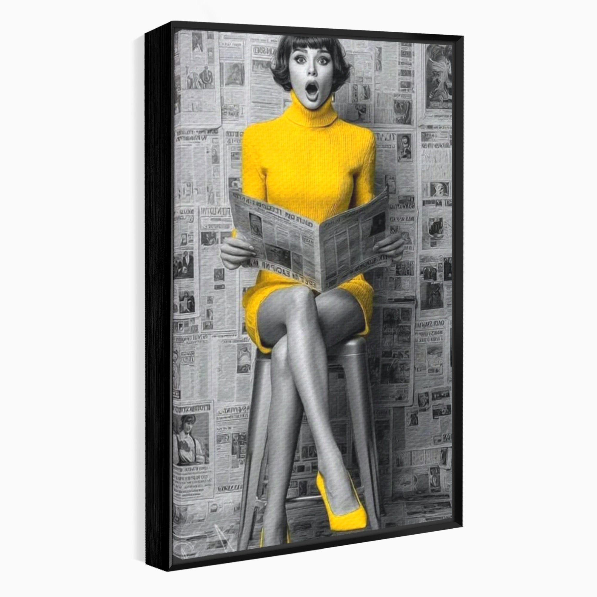 Tablou Canvas Premium LuxCanva® PI1280, Femeie Citind Ziarul, Galben, Scaun, Moda, Retro, Living, Culori Vibrante