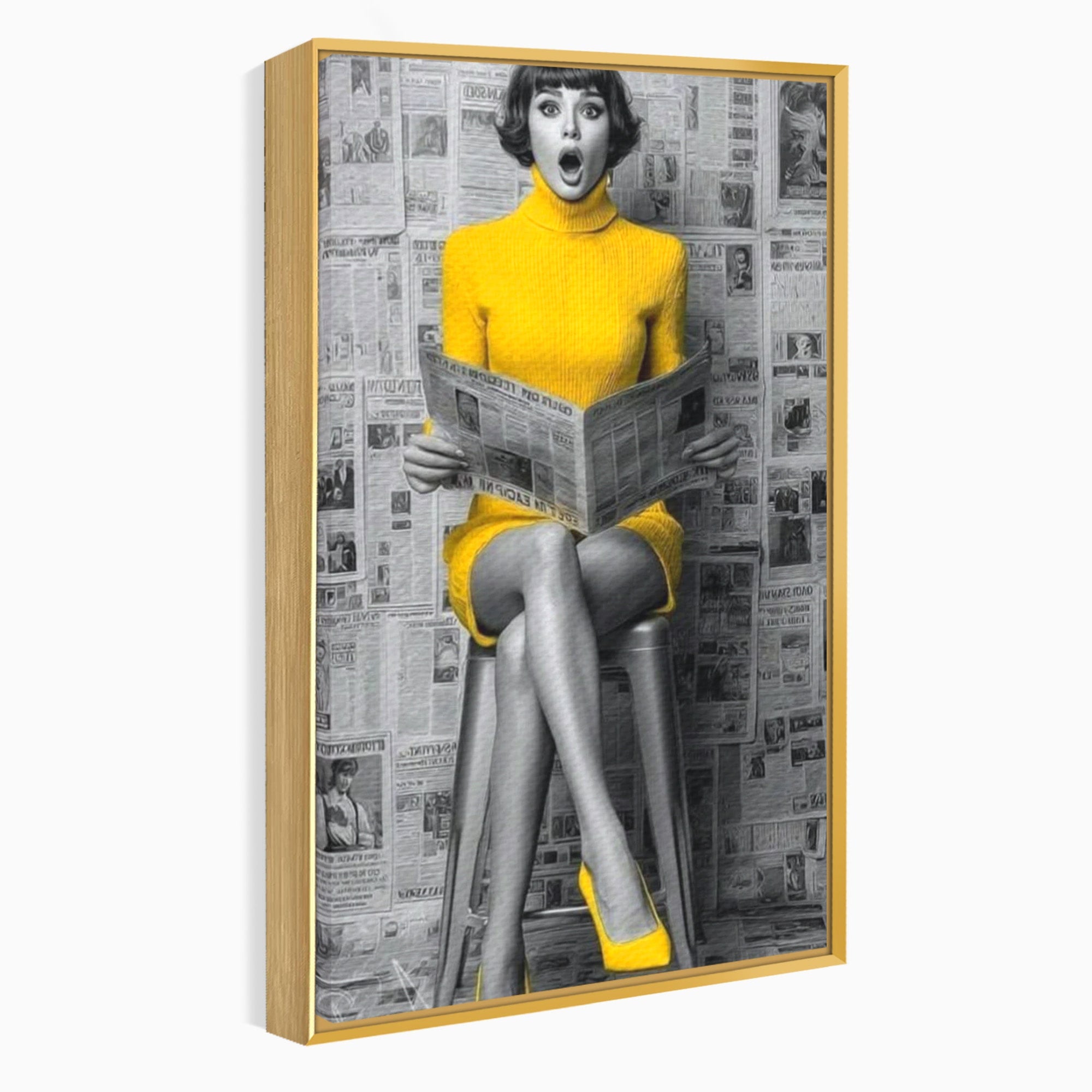 Tablou Canvas Premium LuxCanva® PI1280, Femeie Citind Ziarul, Galben, Scaun, Moda, Retro, Living, Culori Vibrante