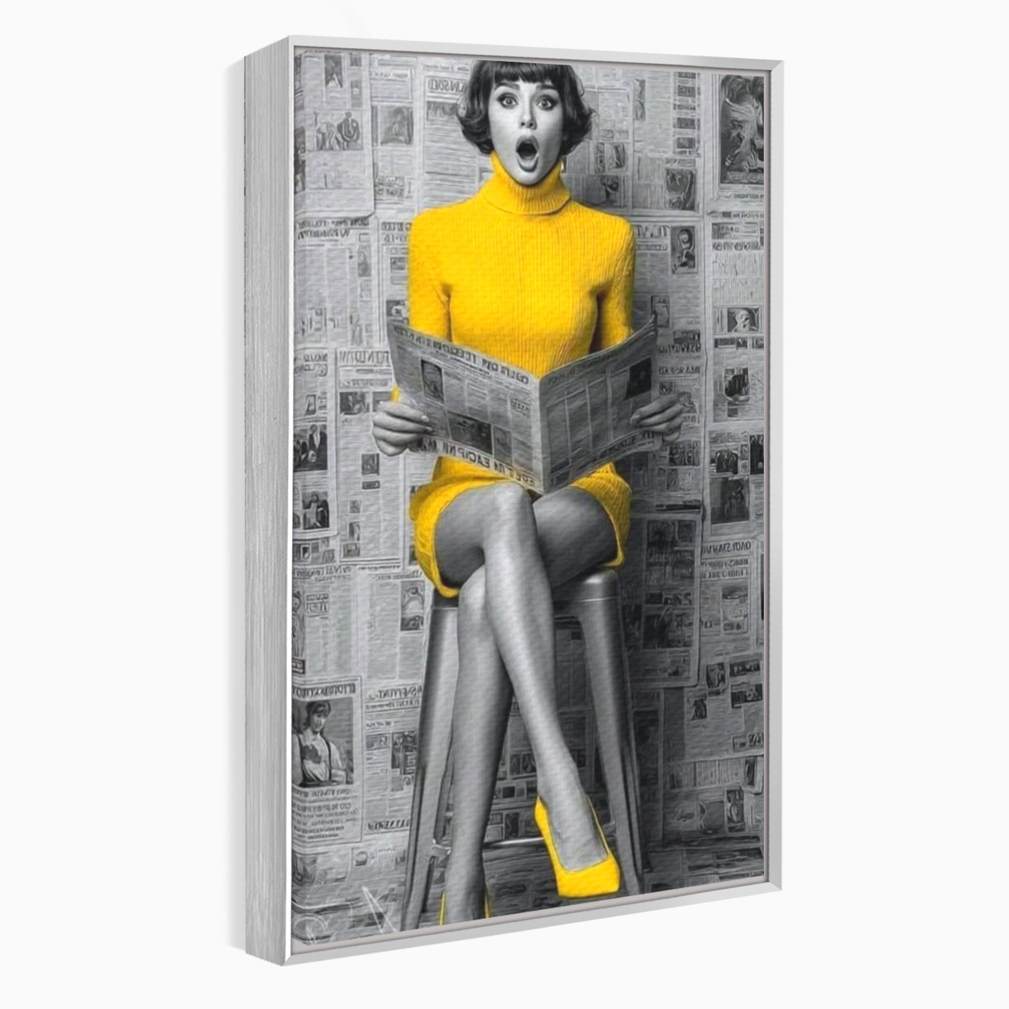 Tablou Canvas Premium LuxCanva® PI1280, Femeie Citind Ziarul, Galben, Scaun, Moda, Retro, Living, Culori Vibrante