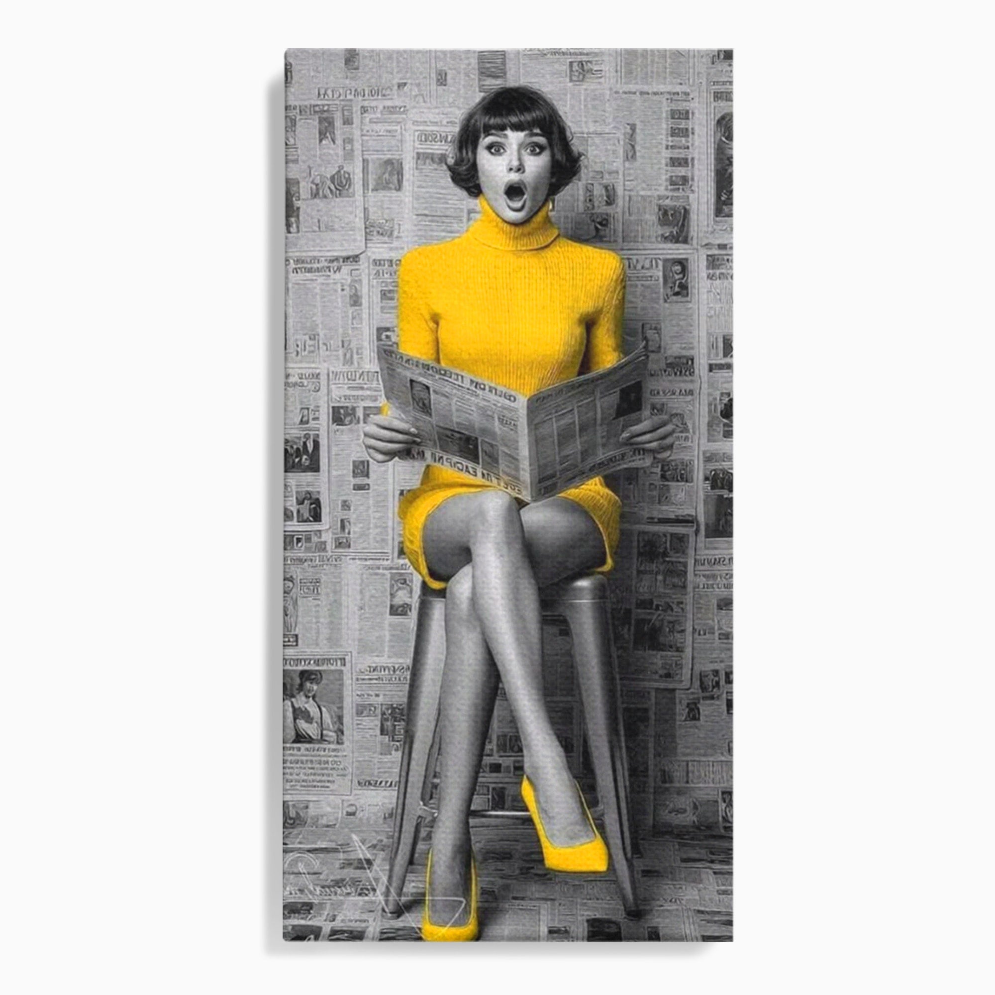 Tablou Canvas Premium LuxCanva® PI1280, Femeie Citind Ziarul, Galben, Scaun, Moda, Retro, Living, Culori Vibrante