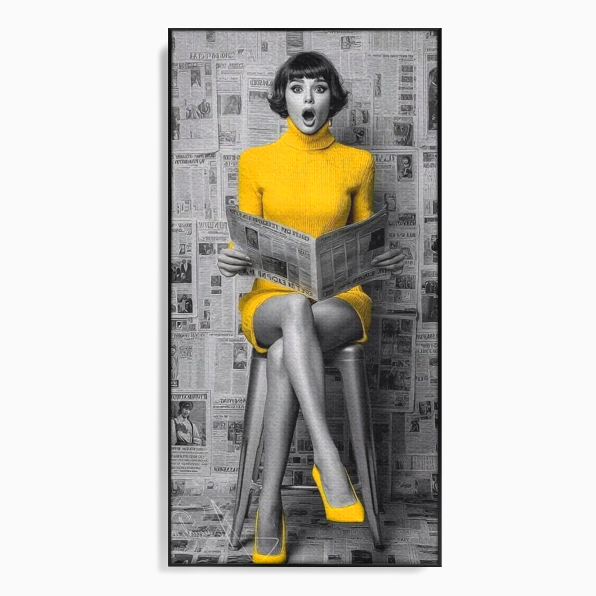 Tablou Canvas Premium LuxCanva® PI1280, Femeie Citind Ziarul, Galben, Scaun, Moda, Retro, Living, Culori Vibrante