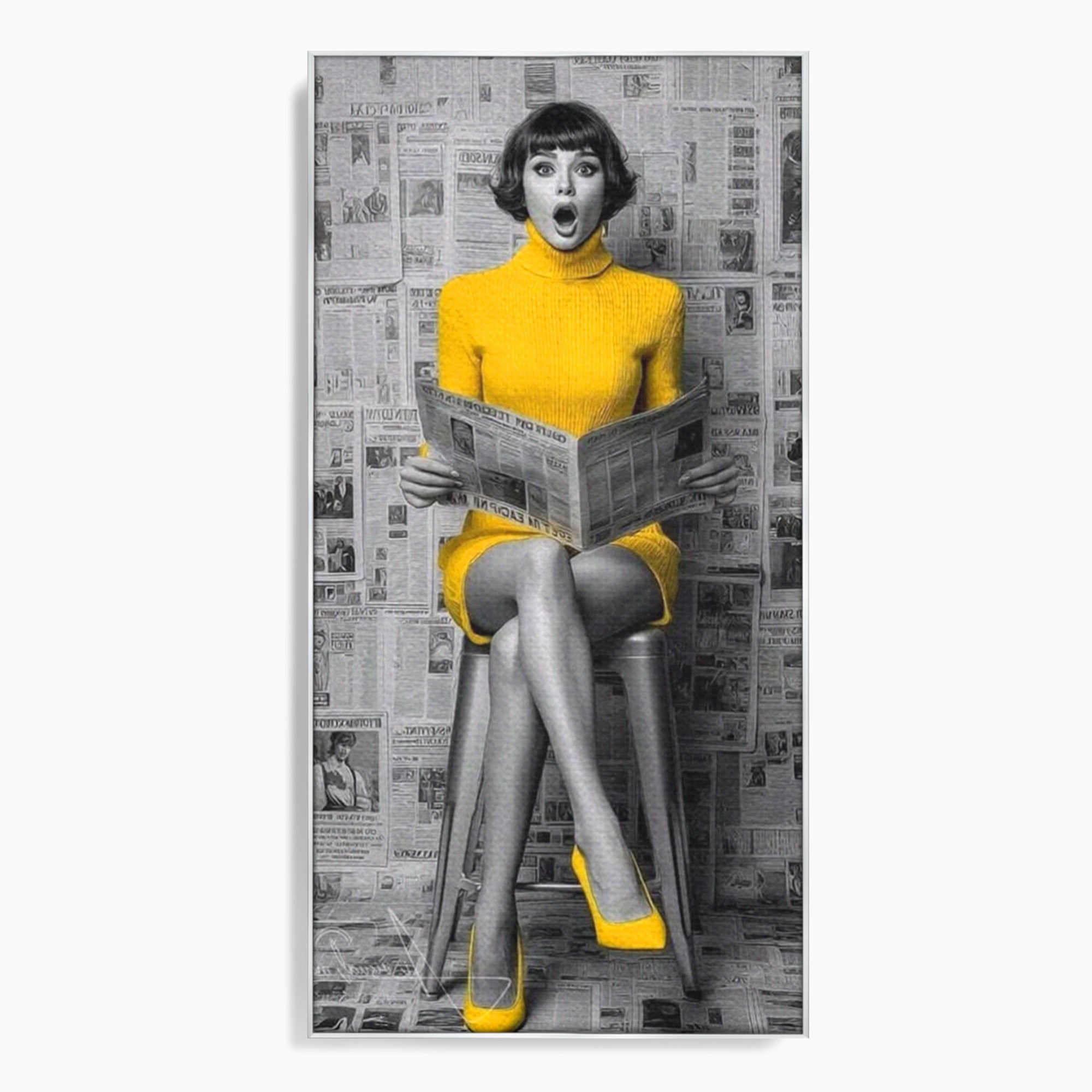 Tablou Canvas Premium LuxCanva® PI1280, Femeie Citind Ziarul, Galben, Scaun, Moda, Retro, Living, Culori Vibrante