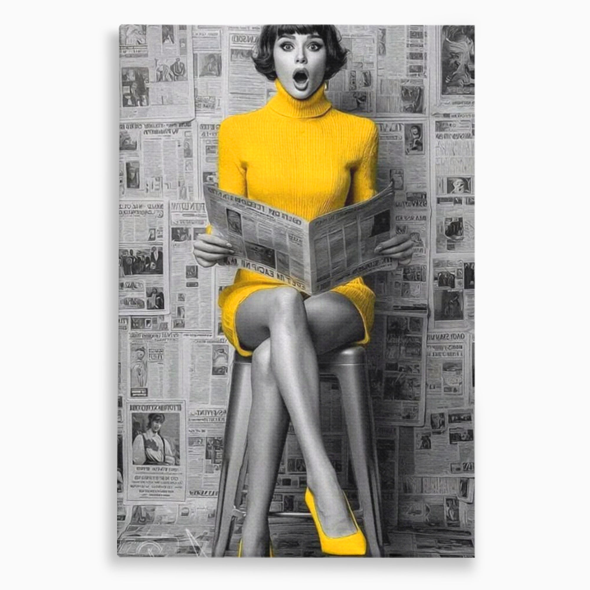 Tablou Canvas Premium LuxCanva® PI1280, Femeie Citind Ziarul, Galben, Scaun, Moda, Retro, Living, Culori Vibrante