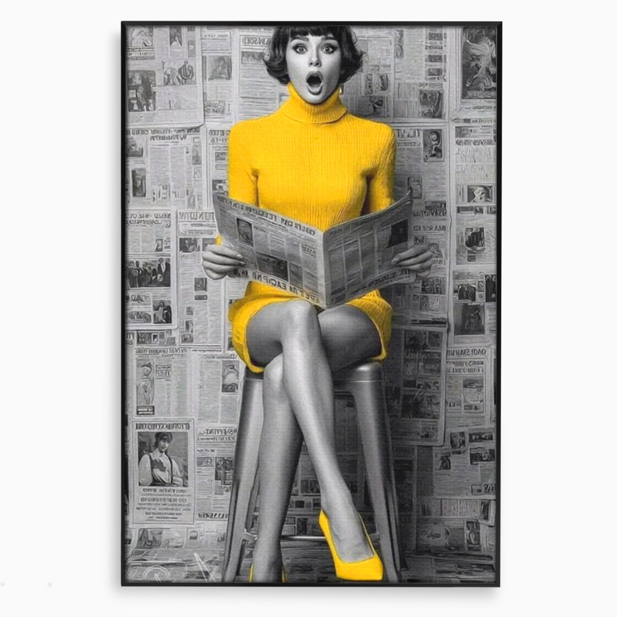 Tablou Canvas Premium LuxCanva® PI1280, Femeie Citind Ziarul, Galben, Scaun, Moda, Retro, Living, Culori Vibrante