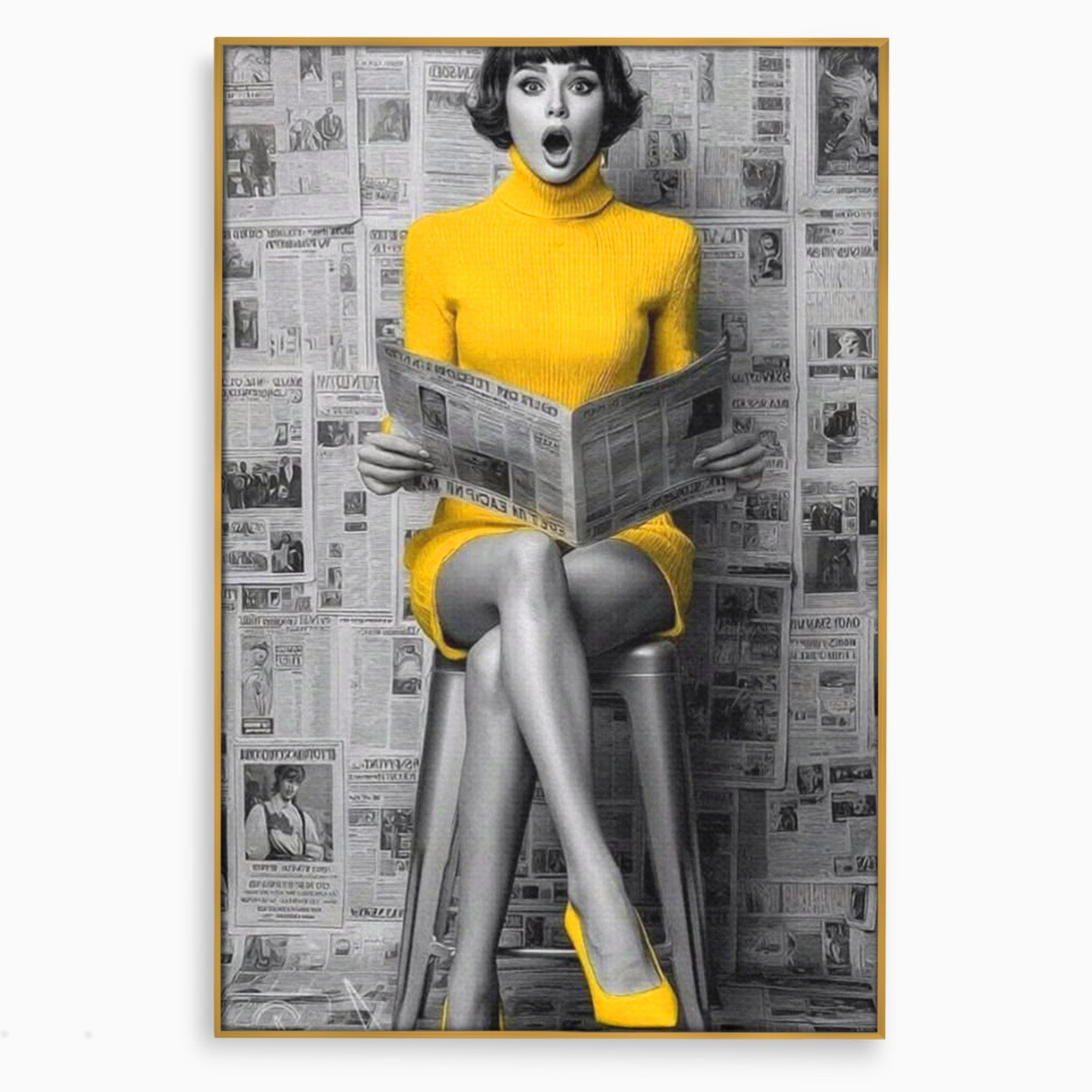 Tablou Canvas Premium LuxCanva® PI1280, Femeie Citind Ziarul, Galben, Scaun, Moda, Retro, Living, Culori Vibrante
