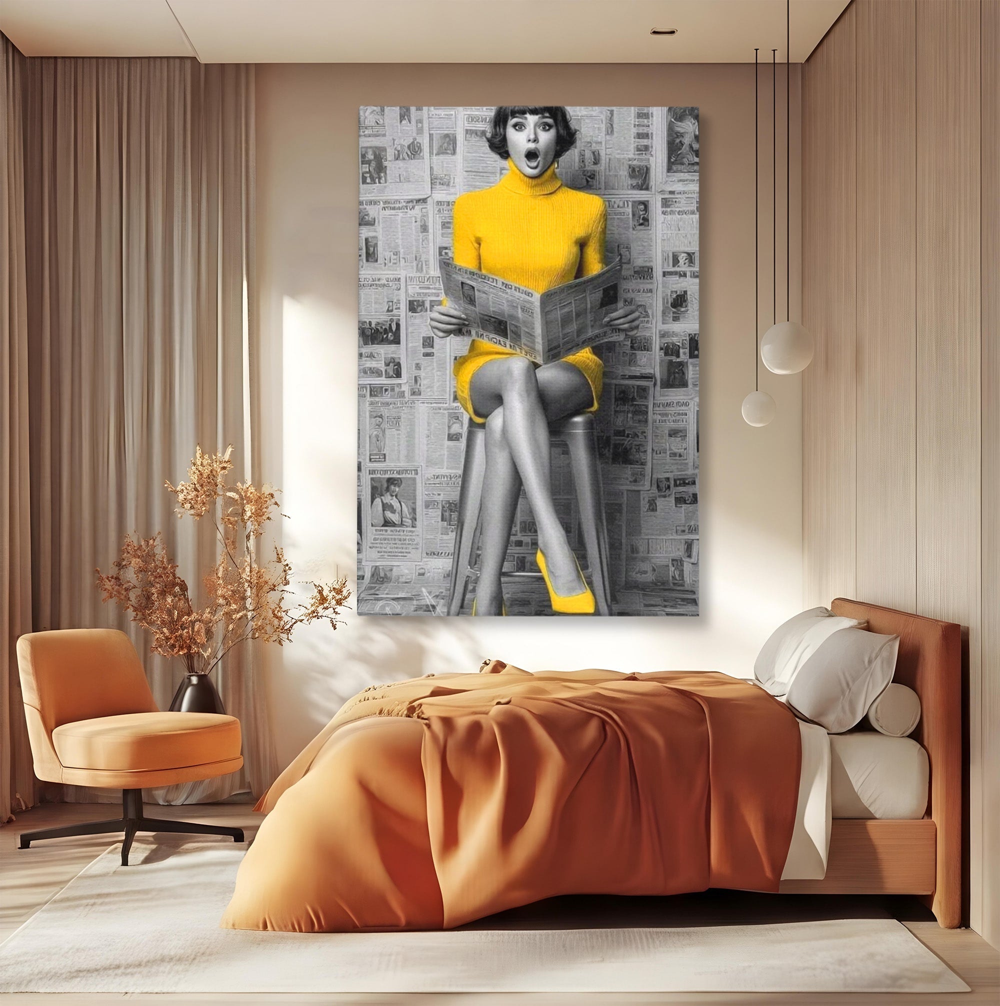 Tablou Canvas Premium LuxCanva® PI1280, Femeie Citind Ziarul, Galben, Scaun, Moda, Retro, Living, Culori Vibrante