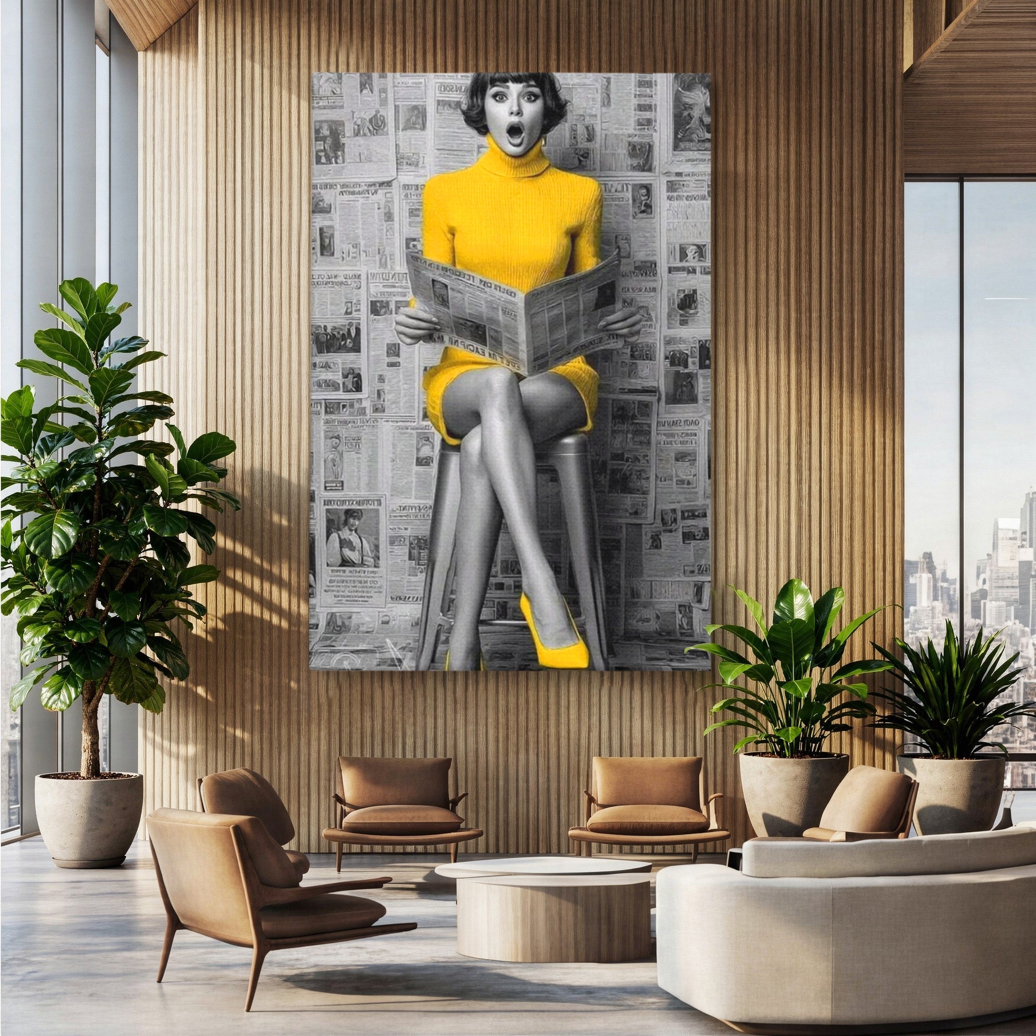 Tablou Canvas Premium LuxCanva® PI1280, Femeie Citind Ziarul, Galben, Scaun, Moda, Retro, Living, Culori Vibrante