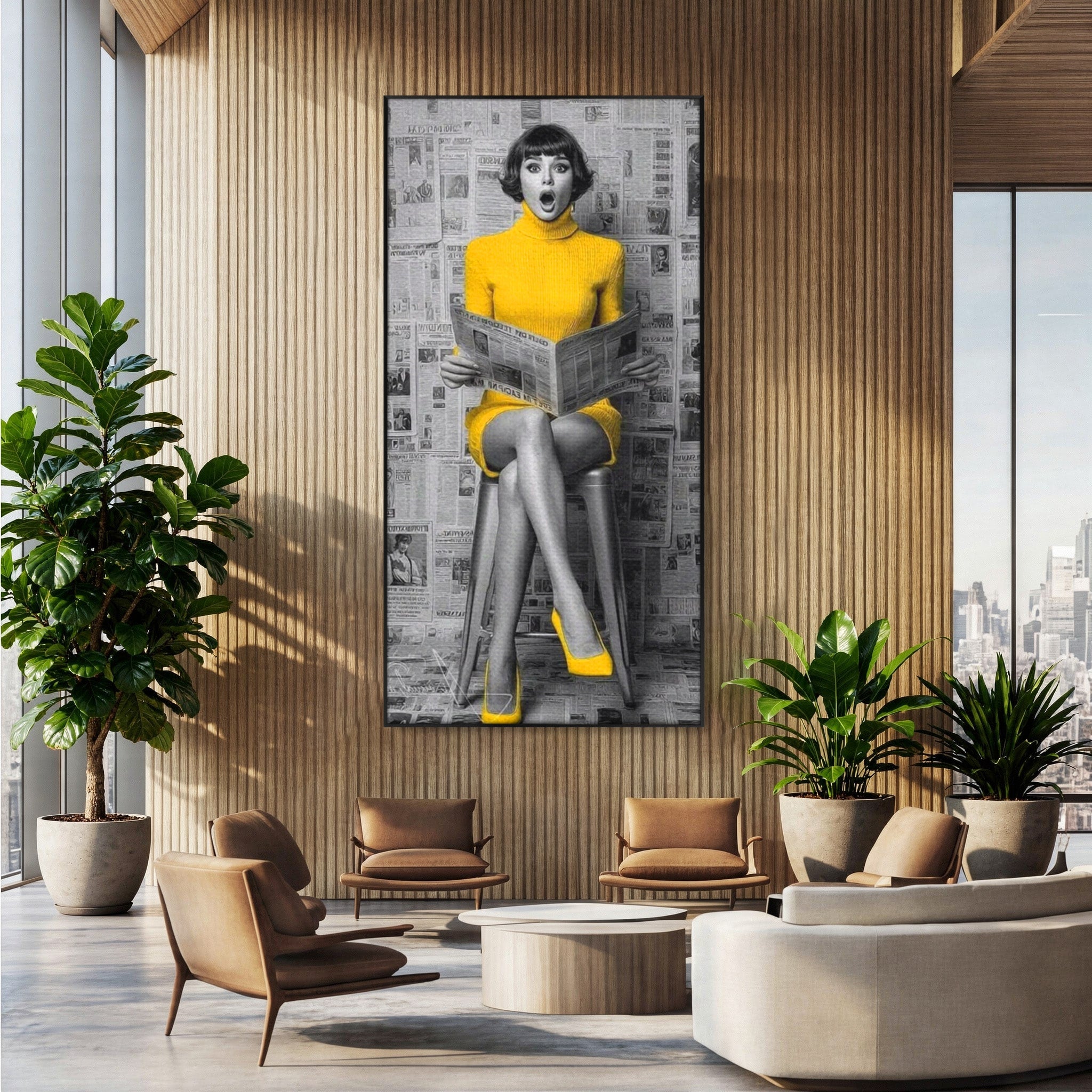 Tablou Canvas Premium LuxCanva® PI1280, Femeie Citind Ziarul, Galben, Scaun, Moda, Retro, Living, Culori Vibrante