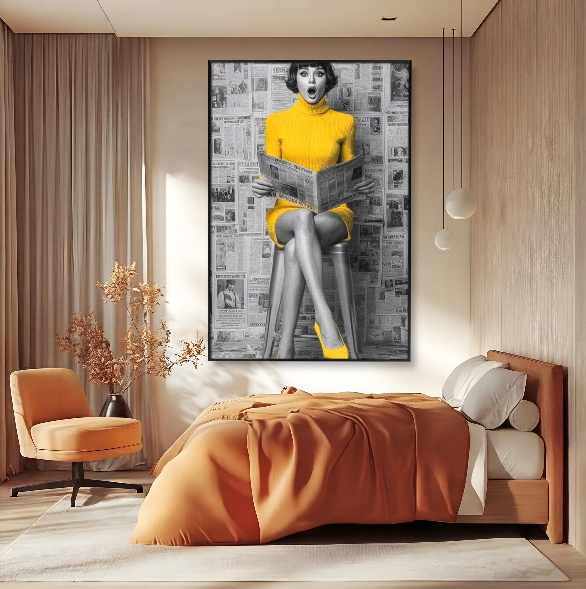 Tablou Canvas Premium LuxCanva® PI1280, Femeie Citind Ziarul, Galben, Scaun, Moda, Retro, Living, Culori Vibrante
