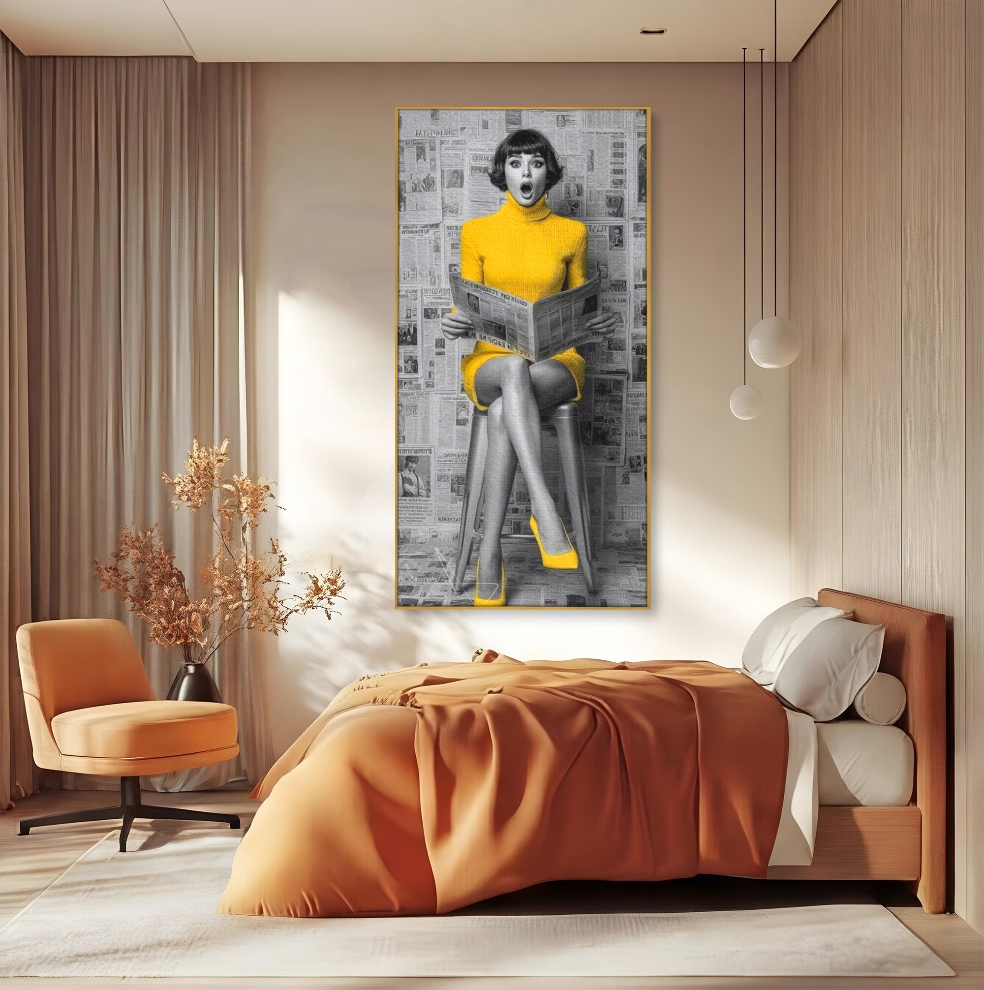 Tablou Canvas Premium LuxCanva® PI1280, Femeie Citind Ziarul, Galben, Scaun, Moda, Retro, Living, Culori Vibrante