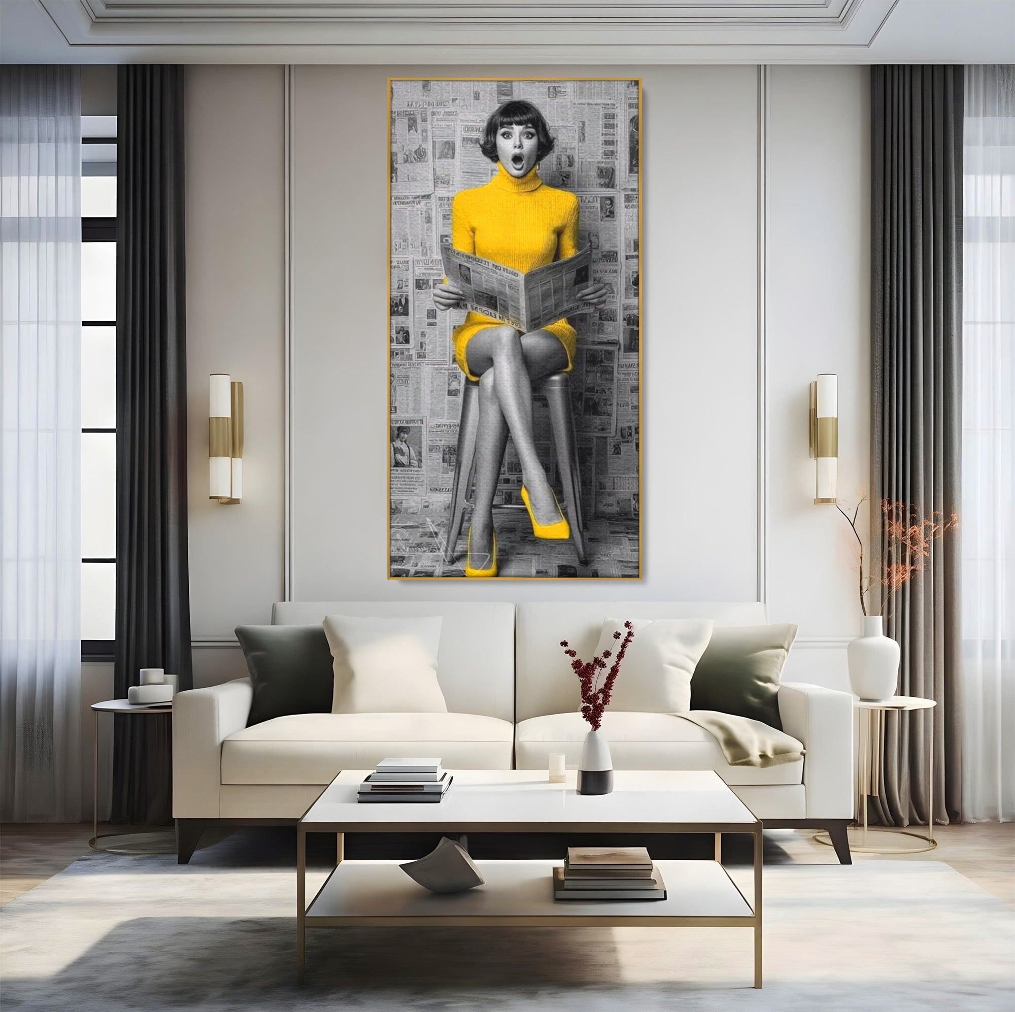 Tablou Canvas Premium LuxCanva® PI1280, Femeie Citind Ziarul, Galben, Scaun, Moda, Retro, Living, Culori Vibrante