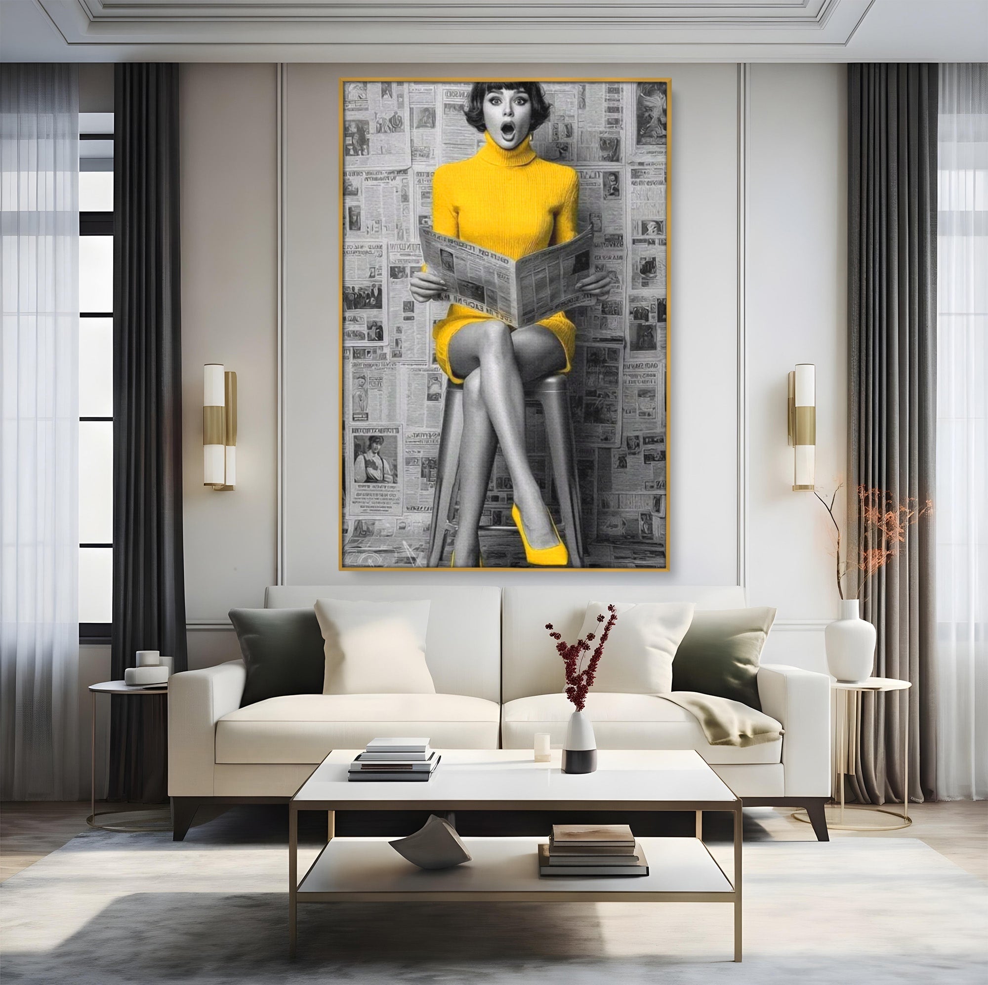 Tablou Canvas Premium LuxCanva® PI1280, Femeie Citind Ziarul, Galben, Scaun, Moda, Retro, Living, Culori Vibrante