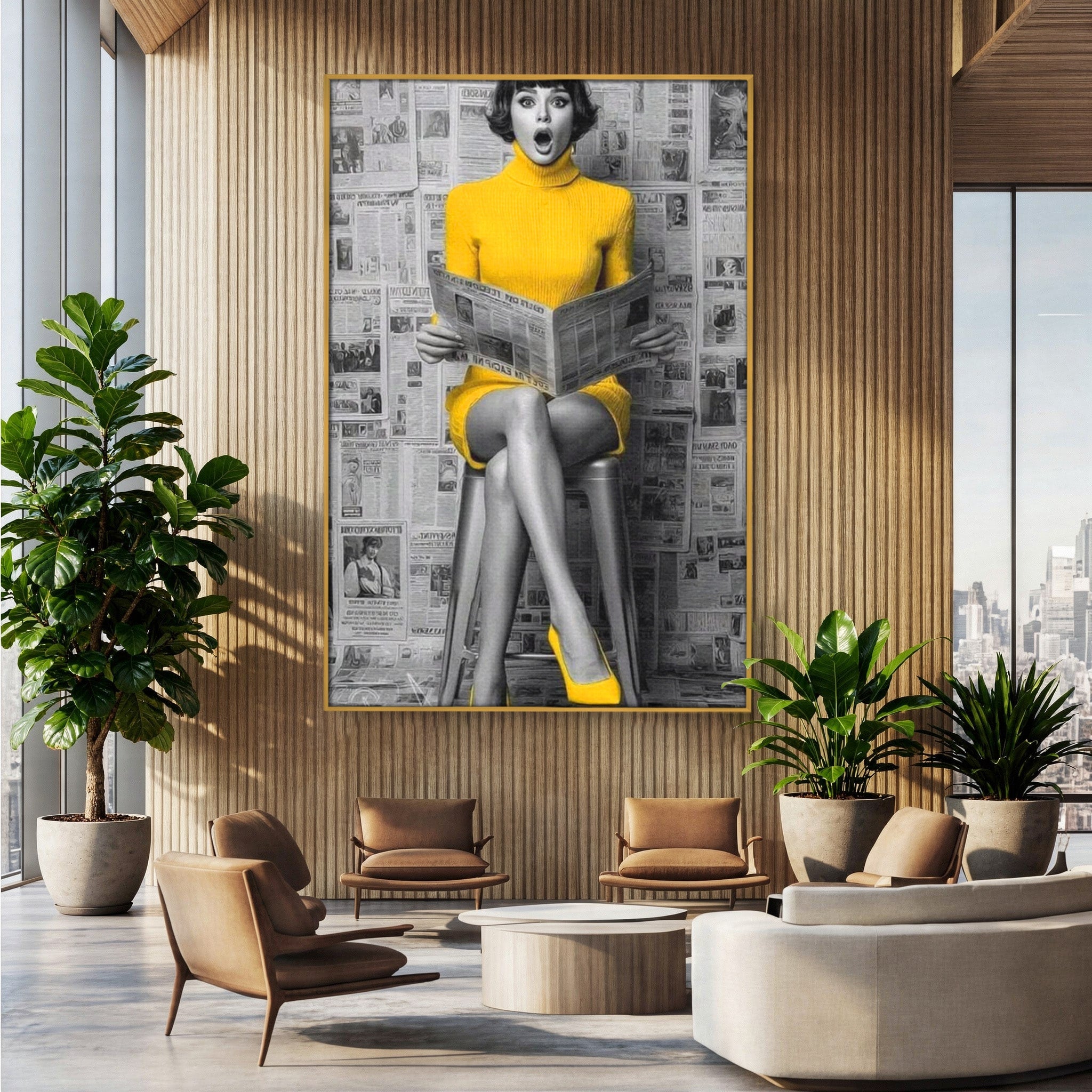 Tablou Canvas Premium LuxCanva® PI1280, Femeie Citind Ziarul, Galben, Scaun, Moda, Retro, Living, Culori Vibrante