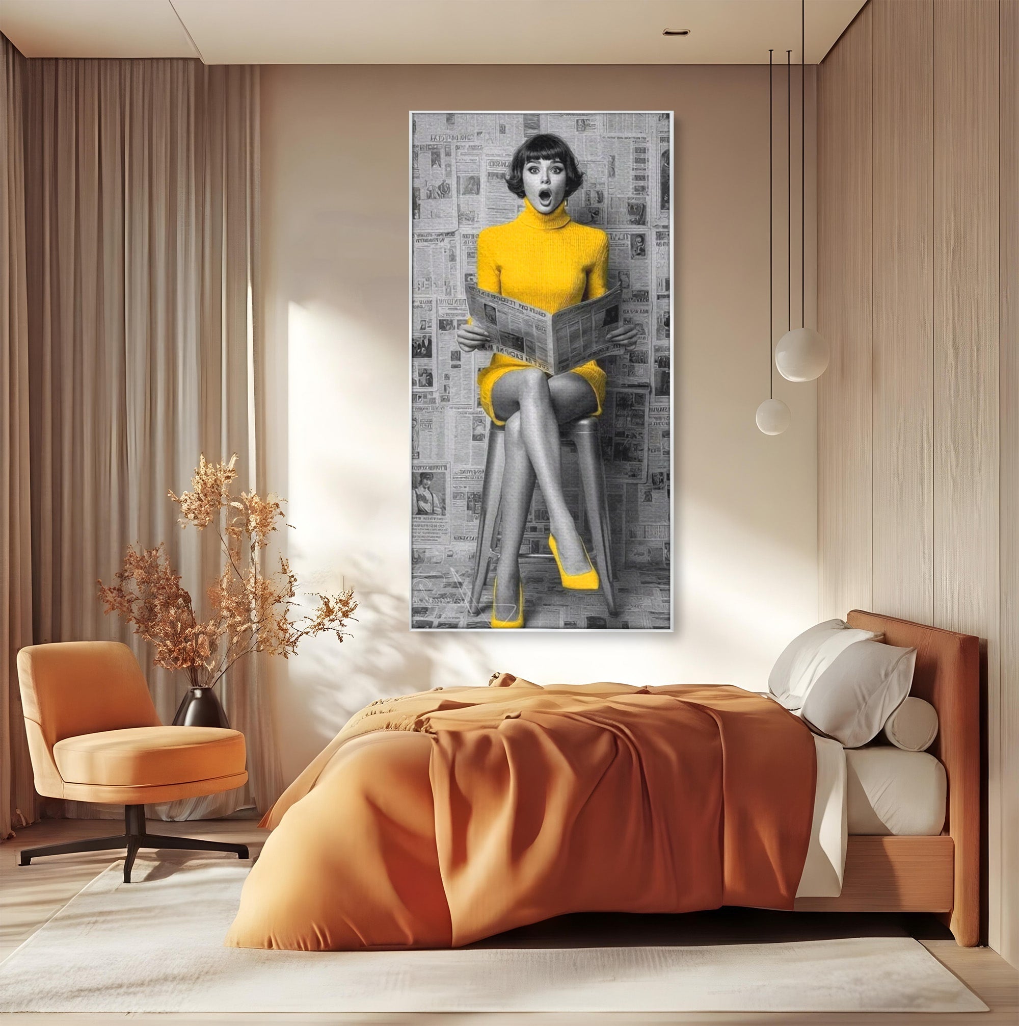 Tablou Canvas Premium LuxCanva® PI1280, Femeie Citind Ziarul, Galben, Scaun, Moda, Retro, Living, Culori Vibrante