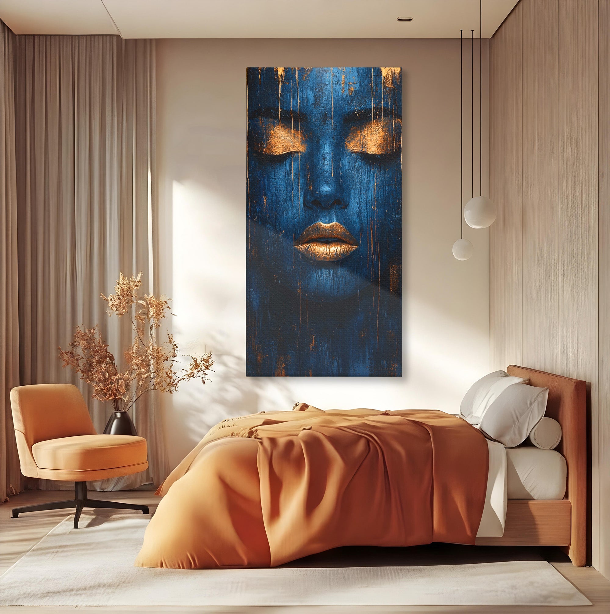 Tablou Canvas Premium LuxCanva® PI1283, Chipul Tacut, Albastru, Electric, Portret, Abstract, Mister, Dormitor, Culori Vibrante