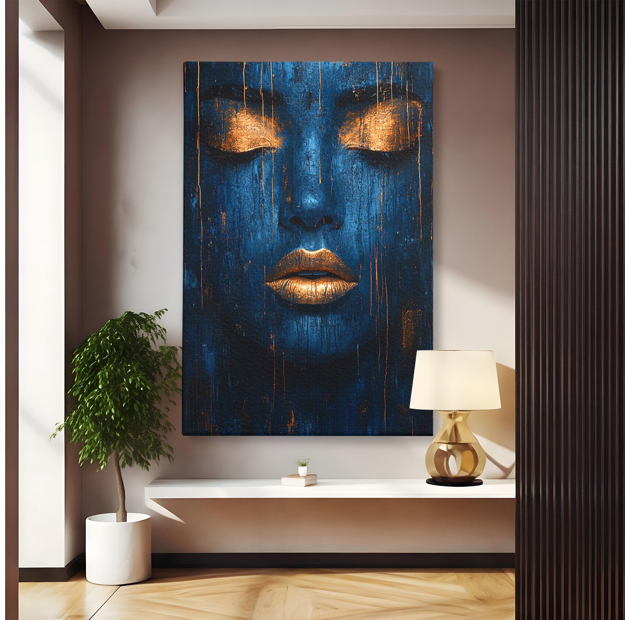 Tablou Canvas Premium LuxCanva® PI1283, Chipul Tacut, Albastru, Electric, Portret, Abstract, Mister, Dormitor, Culori Vibrante