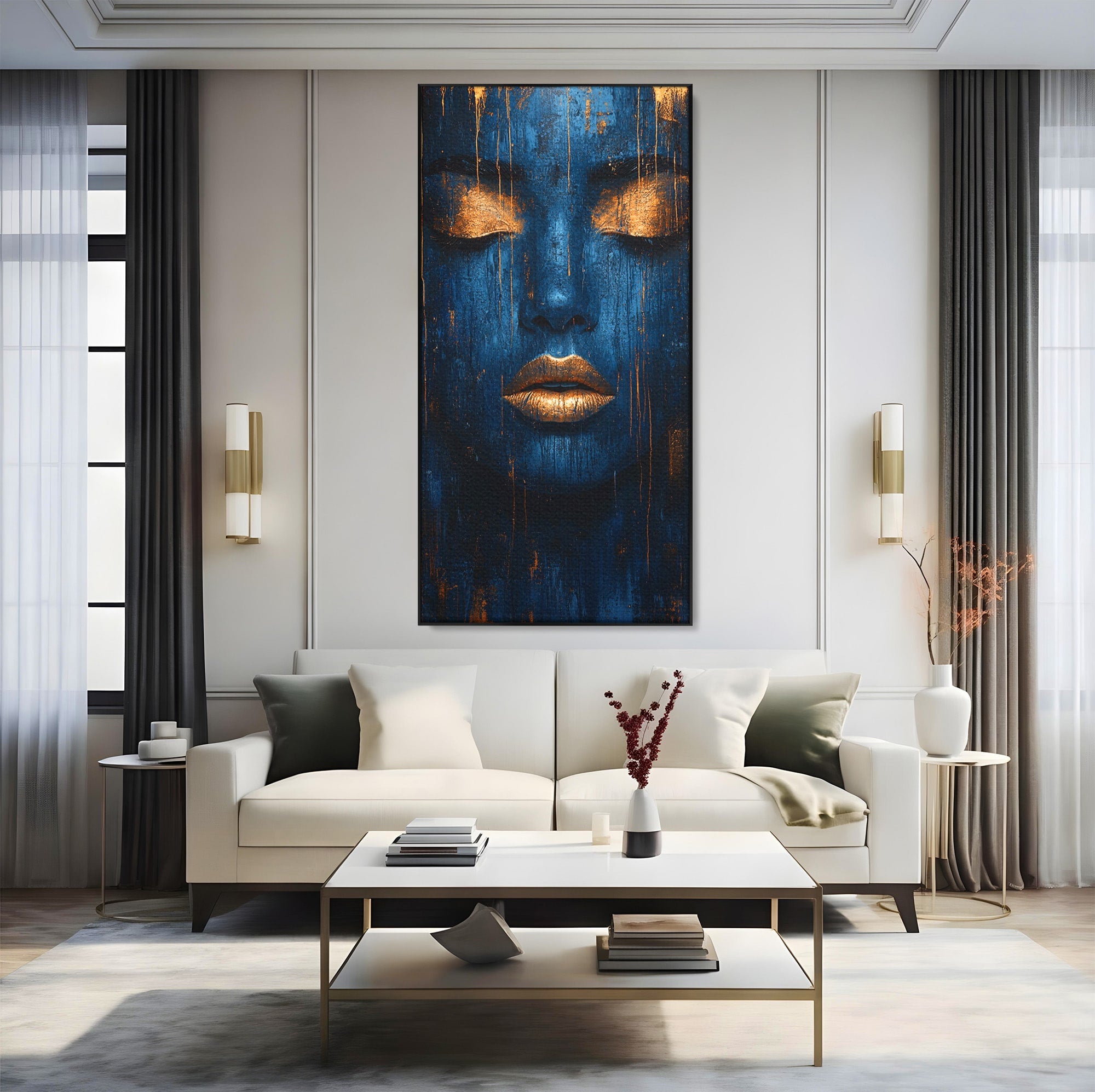 Tablou Canvas Premium LuxCanva® PI1283, Chipul Tacut, Albastru, Electric, Portret, Abstract, Mister, Dormitor, Culori Vibrante