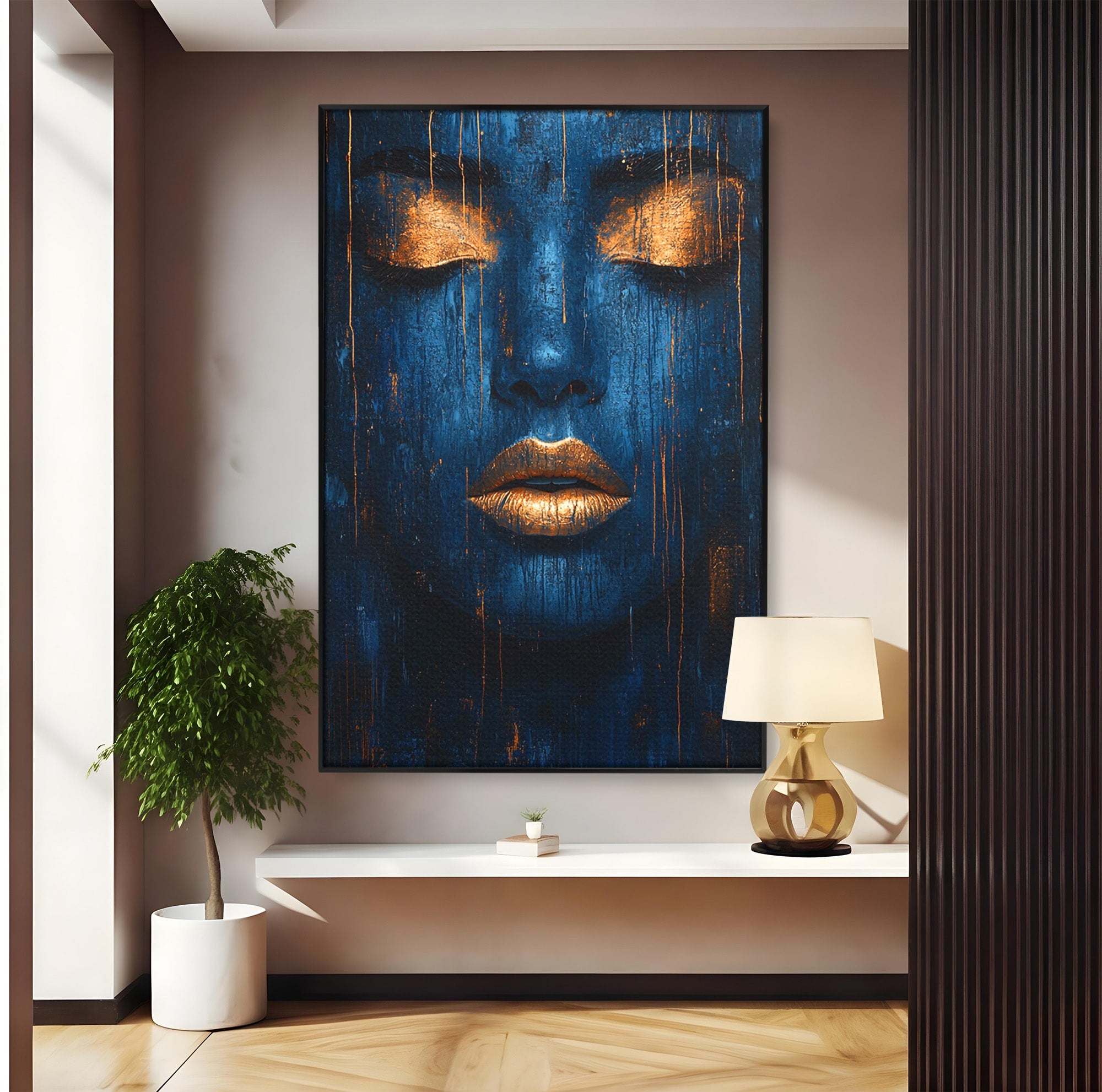 Tablou Canvas Premium LuxCanva® PI1283, Chipul Tacut, Albastru, Electric, Portret, Abstract, Mister, Dormitor, Culori Vibrante
