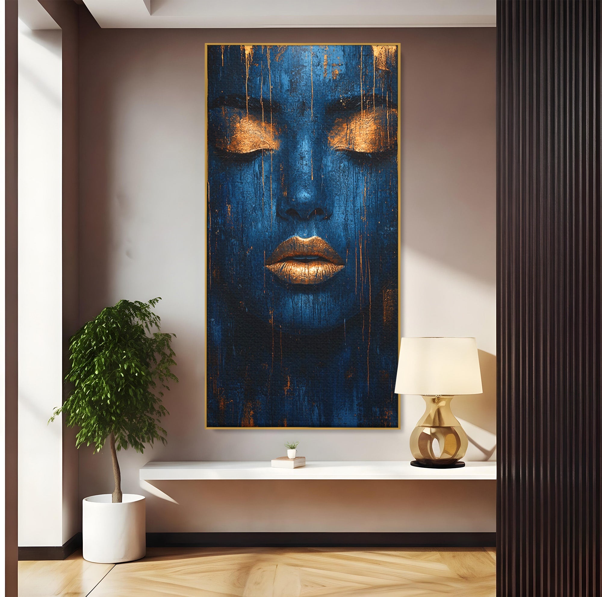 Tablou Canvas Premium LuxCanva® PI1283, Chipul Tacut, Albastru, Electric, Portret, Abstract, Mister, Dormitor, Culori Vibrante