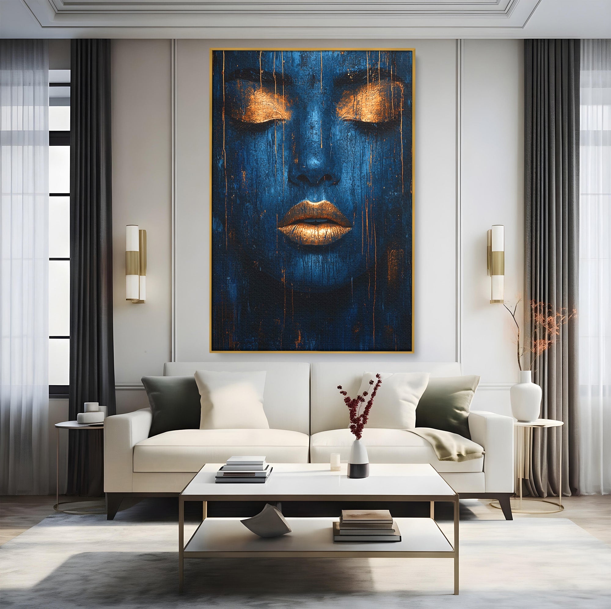 Tablou Canvas Premium LuxCanva® PI1283, Chipul Tacut, Albastru, Electric, Portret, Abstract, Mister, Dormitor, Culori Vibrante