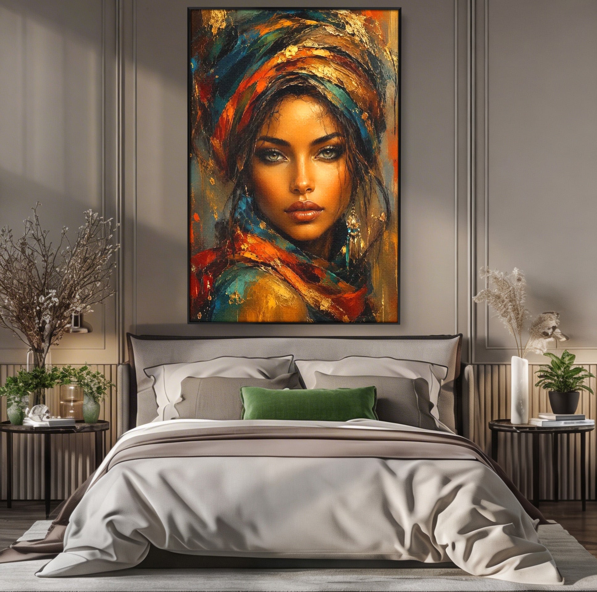 Tablou Canvas Premium LuxCanva® PI1284, Privire de Safir, Femeie, Orient, Exotic, Arta, Living, Dormitor, Culori Vibrante
