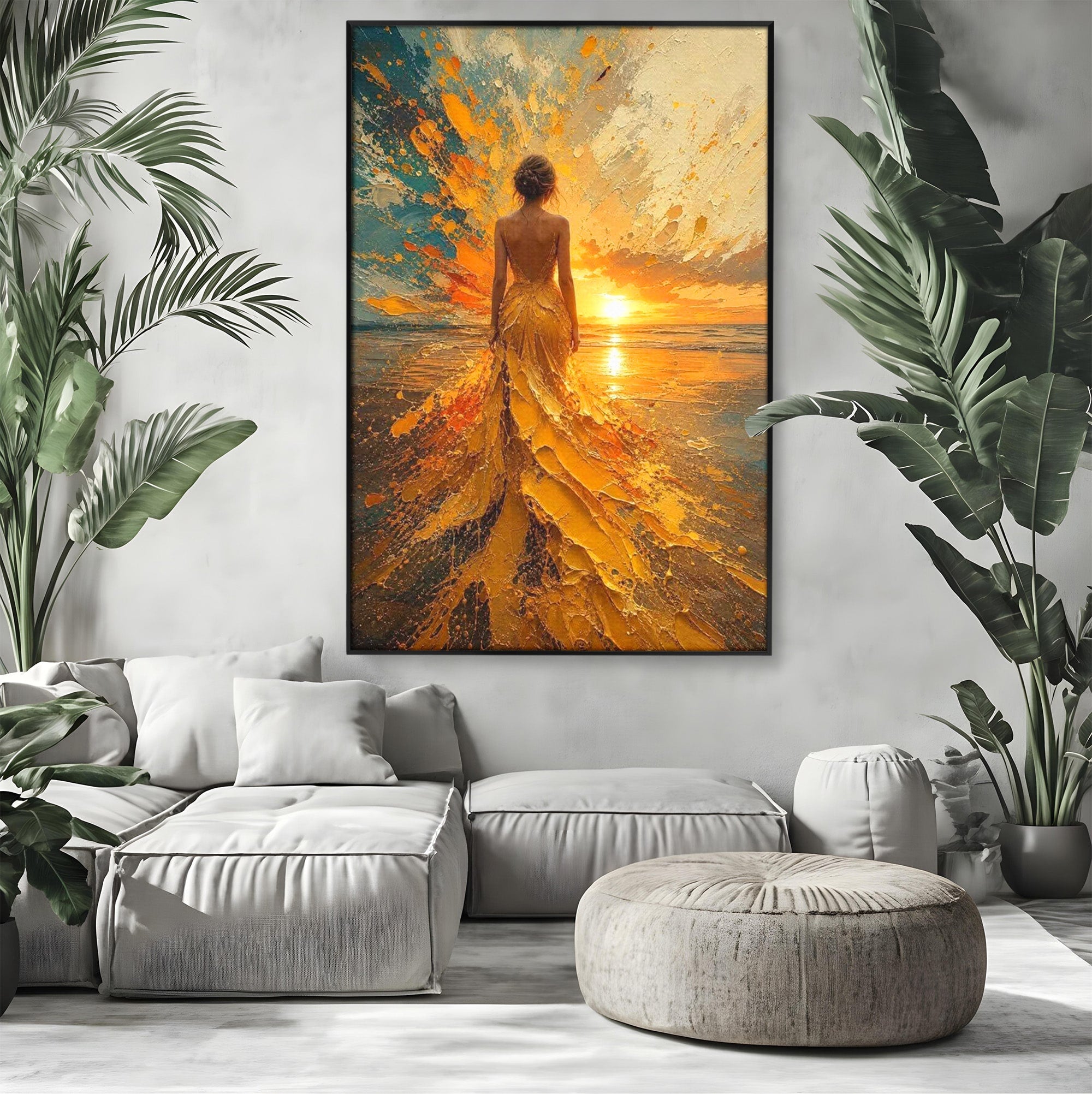 Tablou Canvas Premium LuxCanva® PI1285, Femeie La Apus, Zare, Divin, Mare, Living, Peisaj, Dormitor, Culori Vibrante