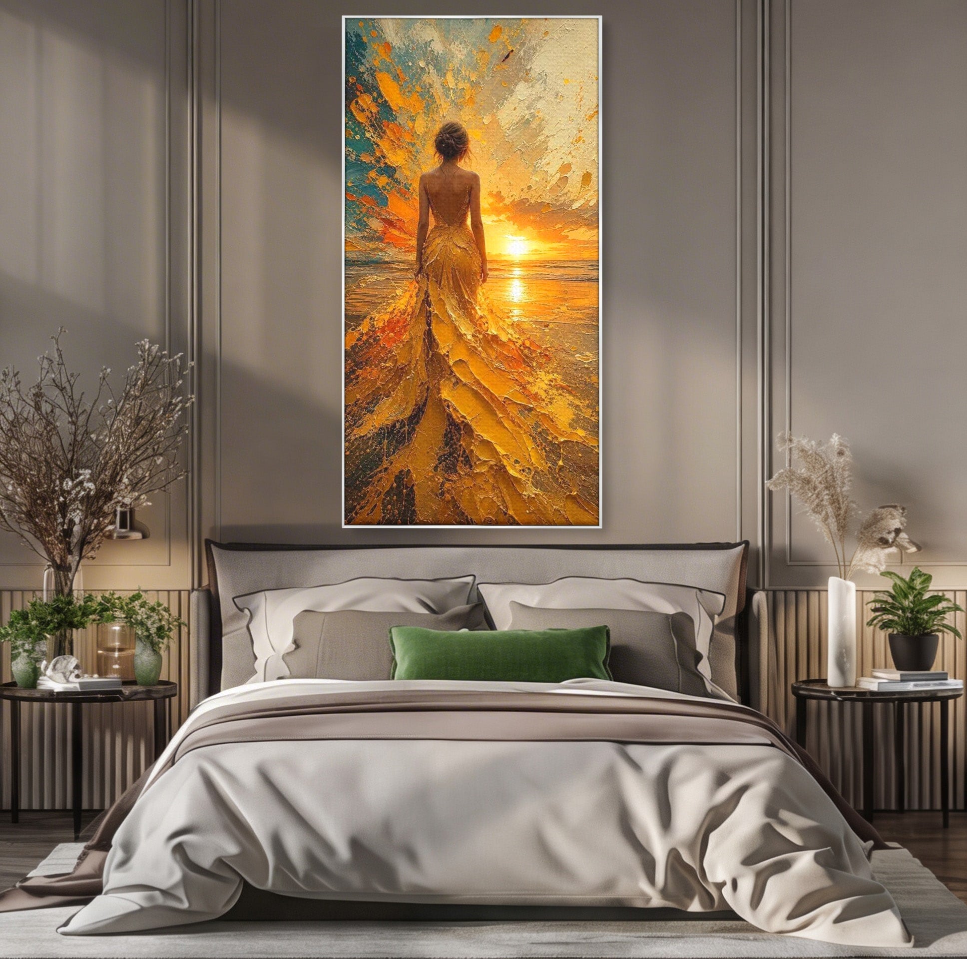 Tablou Canvas Premium LuxCanva® PI1285, Femeie La Apus, Zare, Divin, Mare, Living, Peisaj, Dormitor, Culori Vibrante