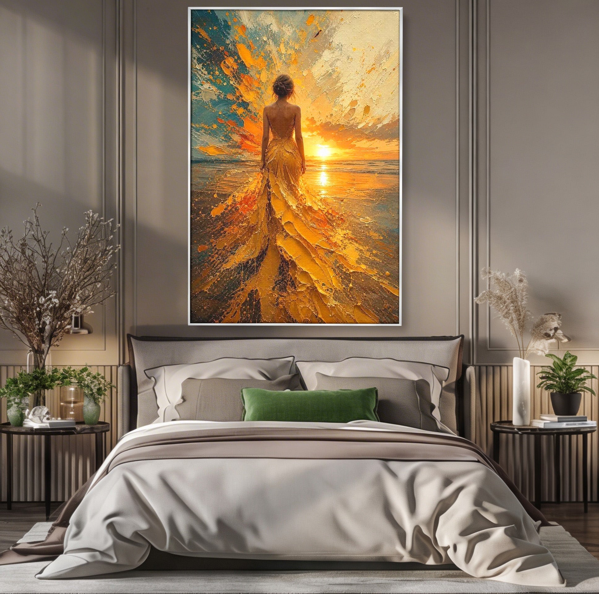 Tablou Canvas Premium LuxCanva® PI1285, Femeie La Apus, Zare, Divin, Mare, Living, Peisaj, Dormitor, Culori Vibrante