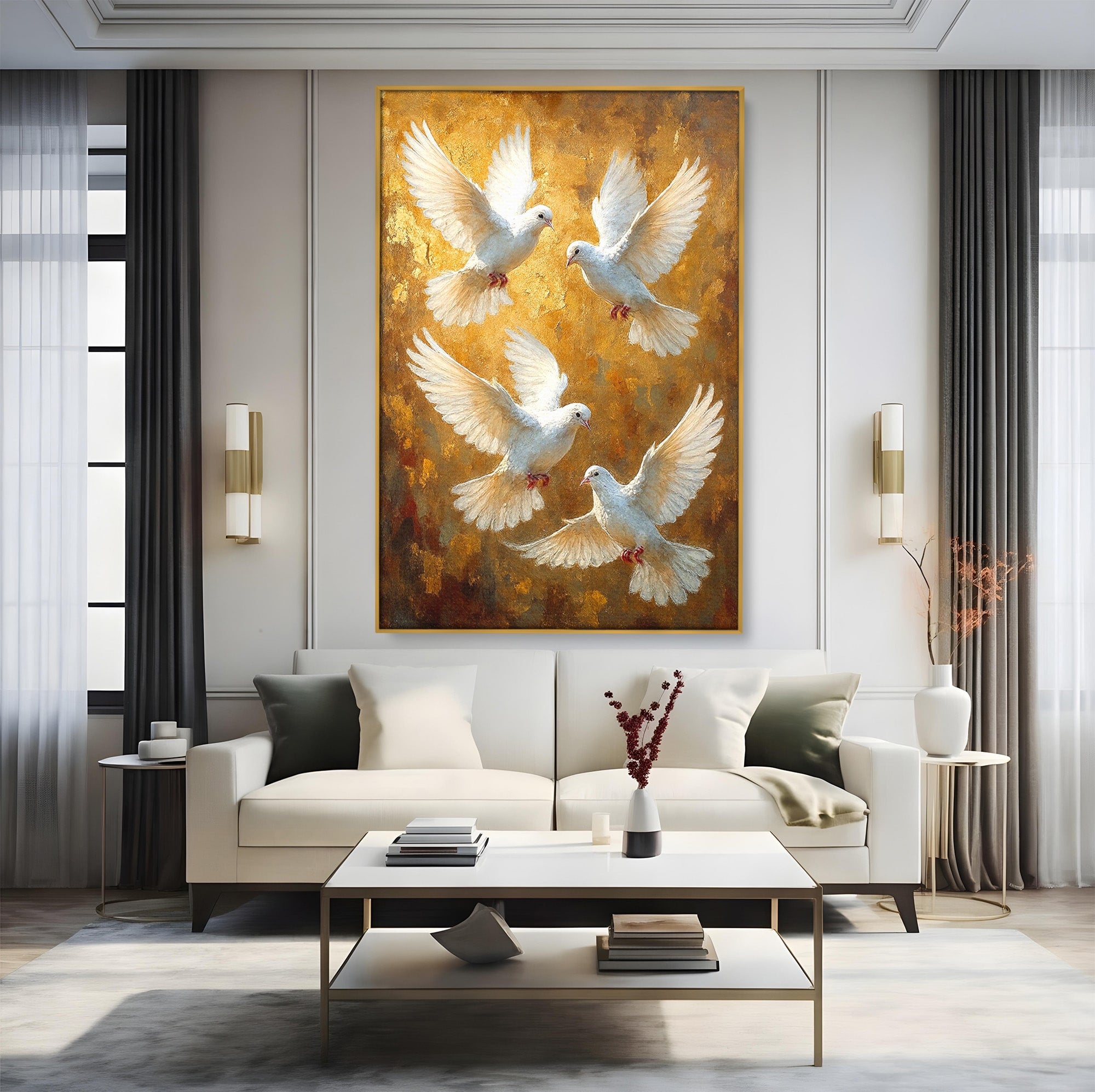 Tablou Canvas Premium LuxCanva® PI1287, Porumbei In Zbor, Cer, Aripi, Pasari, Pace, Living, Dormitor, Culori Vibrante