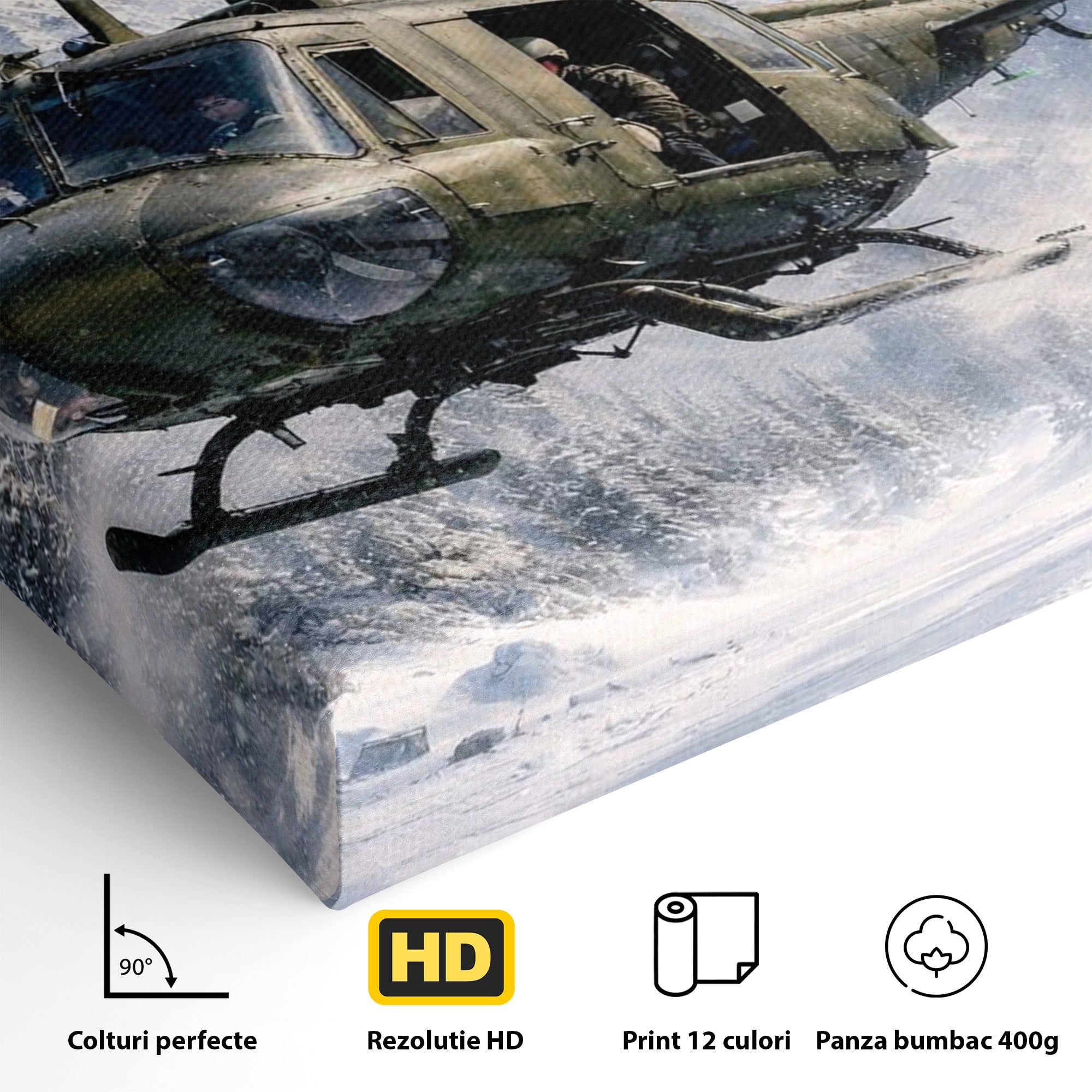 Tablou Canvas Premium LuxCanva® PI1289, Elicopter In Muntii Inzapeziti, Militar, Iarna, Peisaj Montan, Aventura, Zbor, Dormitor, Birou, Culori Vibrante