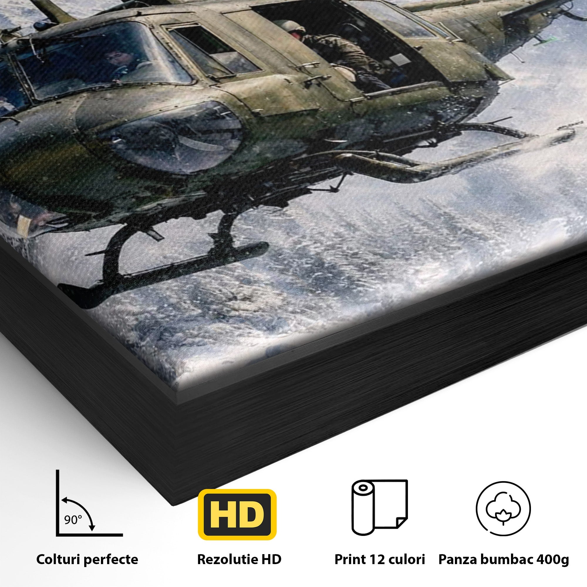 Tablou Canvas Premium LuxCanva® PI1289, Elicopter In Muntii Inzapeziti, Militar, Iarna, Peisaj Montan, Aventura, Zbor, Dormitor, Birou, Culori Vibrante