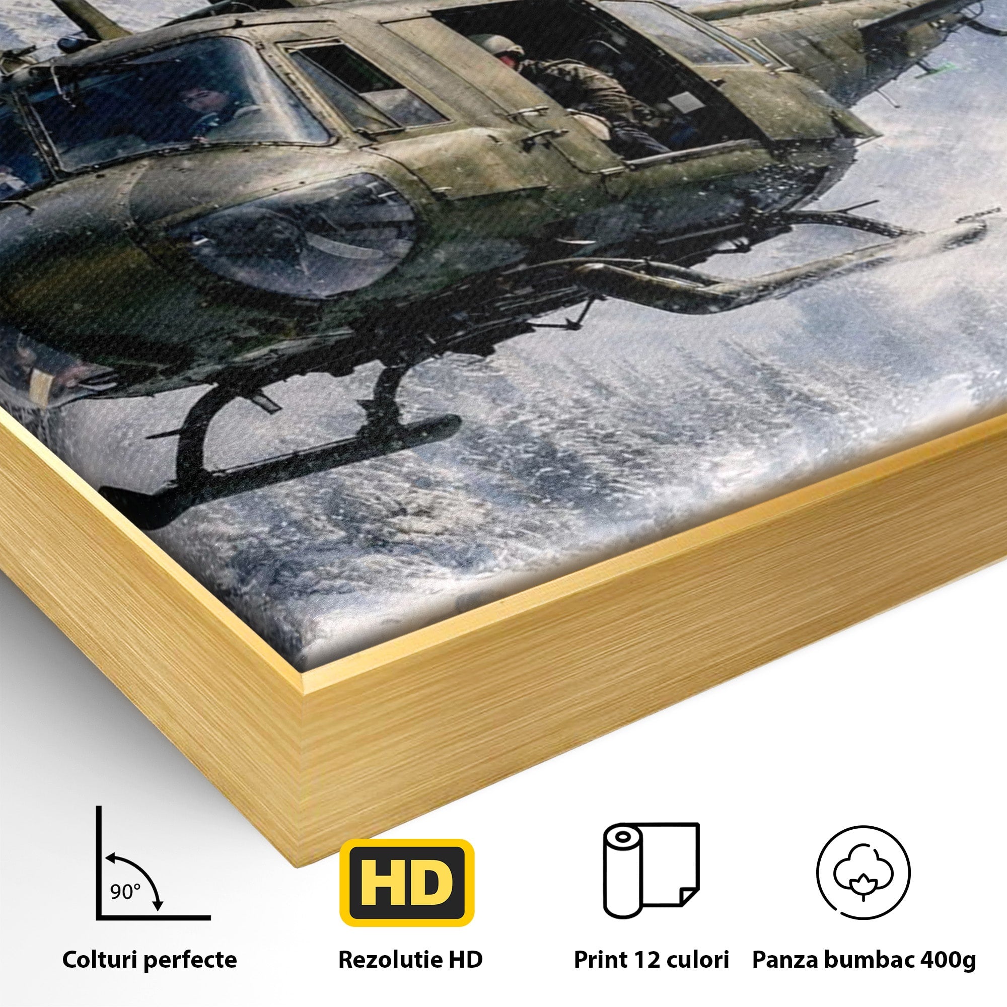 Tablou Canvas Premium LuxCanva® PI1289, Elicopter In Muntii Inzapeziti, Militar, Iarna, Peisaj Montan, Aventura, Zbor, Dormitor, Birou, Culori Vibrante
