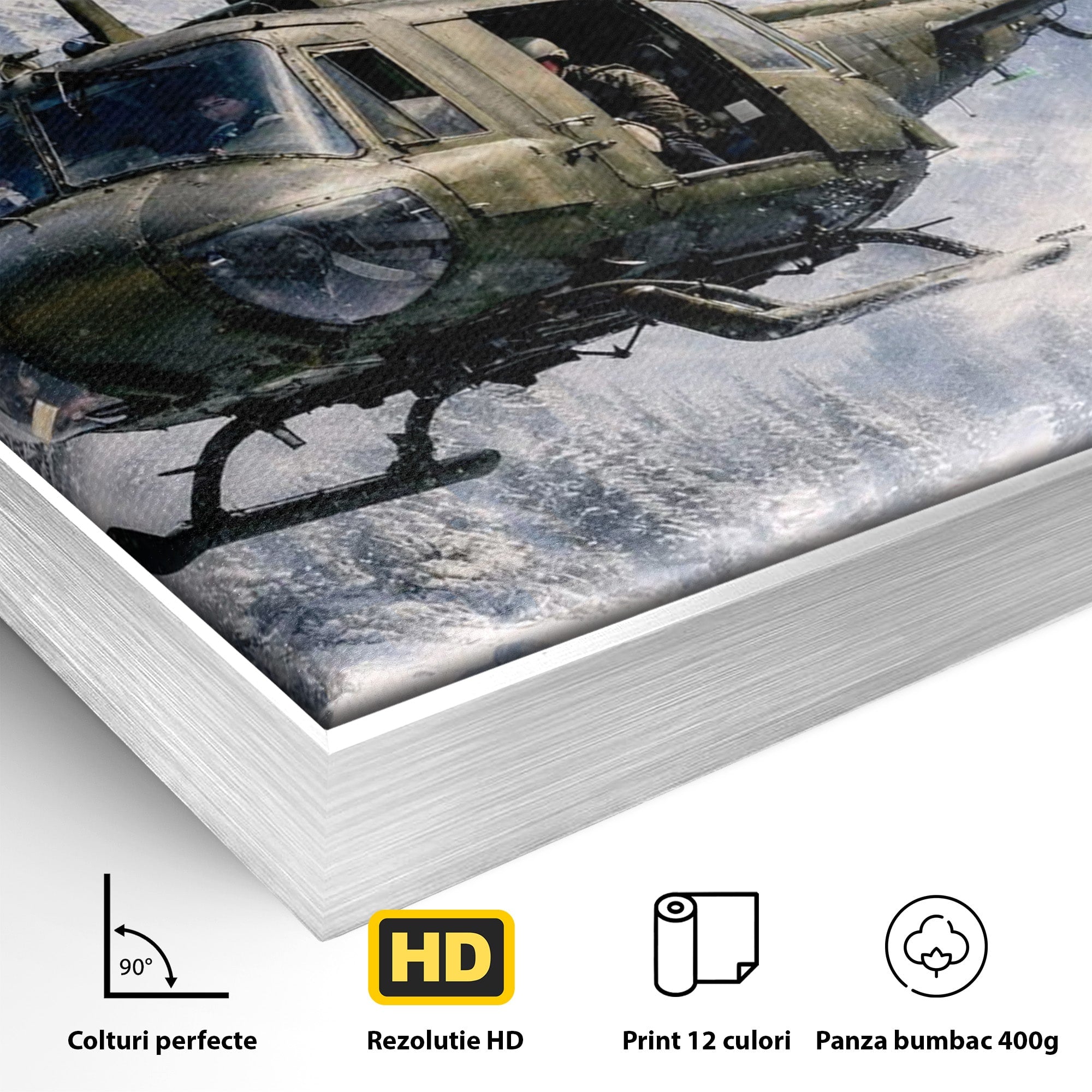 Tablou Canvas Premium LuxCanva® PI1289, Elicopter In Muntii Inzapeziti, Militar, Iarna, Peisaj Montan, Aventura, Zbor, Dormitor, Birou, Culori Vibrante