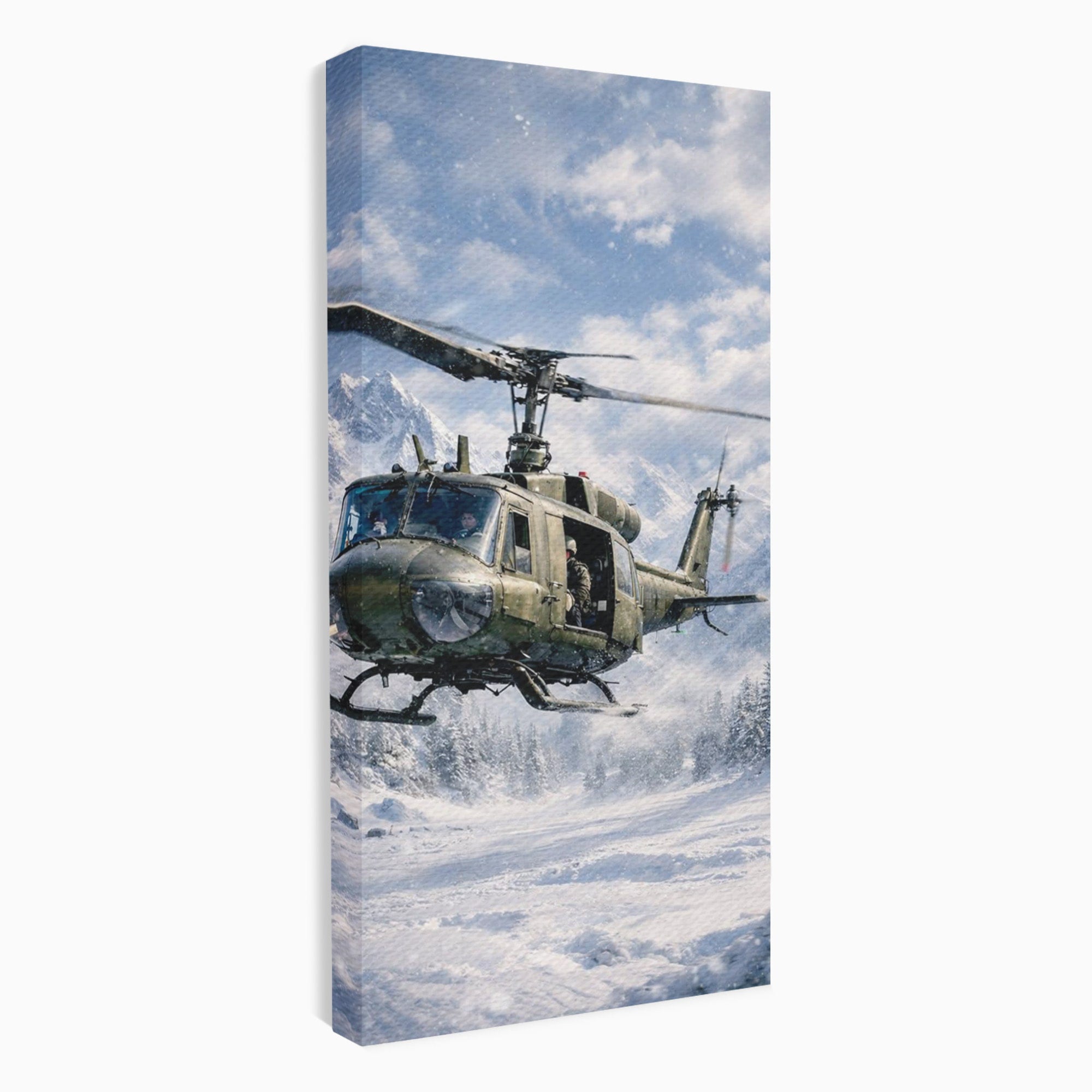 Tablou Canvas Premium LuxCanva® PI1289, Elicopter In Muntii Inzapeziti, Militar, Iarna, Peisaj Montan, Aventura, Zbor, Dormitor, Birou, Culori Vibrante