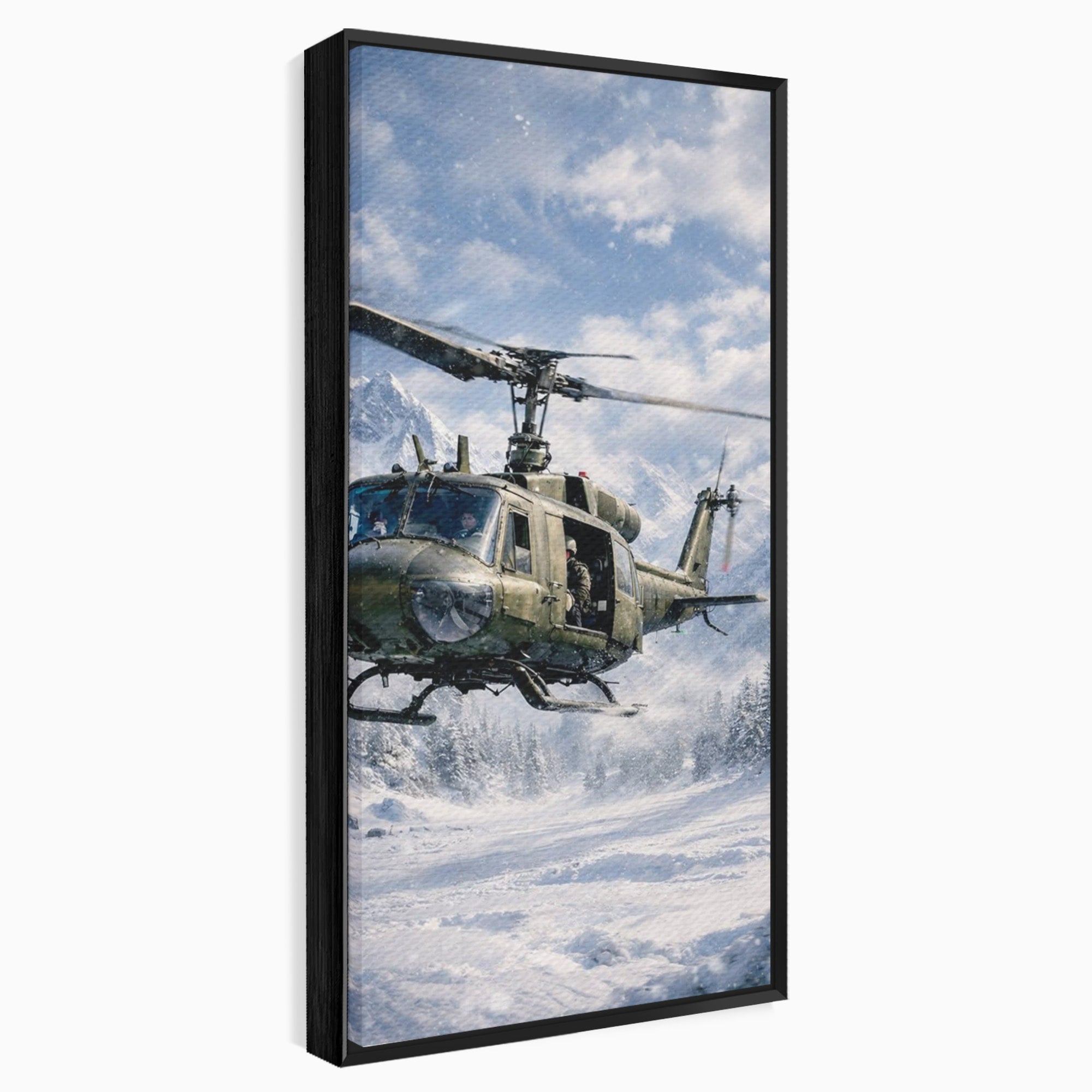 Tablou Canvas Premium LuxCanva® PI1289, Elicopter In Muntii Inzapeziti, Militar, Iarna, Peisaj Montan, Aventura, Zbor, Dormitor, Birou, Culori Vibrante