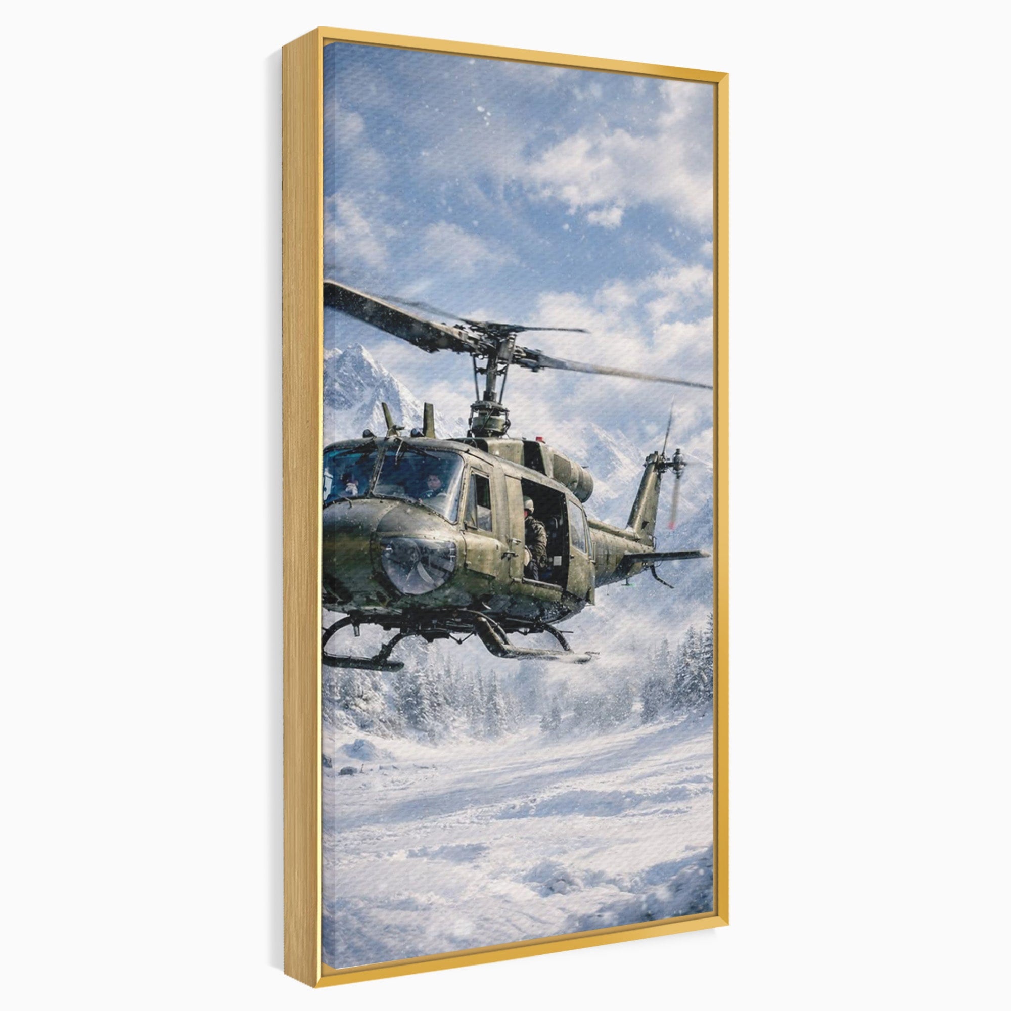 Tablou Canvas Premium LuxCanva® PI1289, Elicopter In Muntii Inzapeziti, Militar, Iarna, Peisaj Montan, Aventura, Zbor, Dormitor, Birou, Culori Vibrante