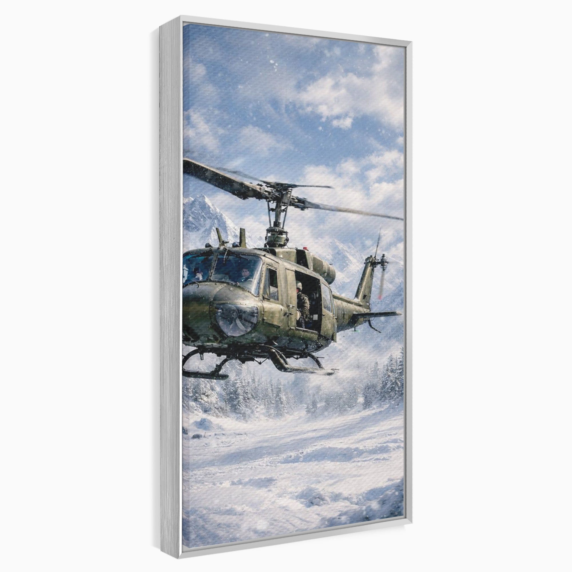 Tablou Canvas Premium LuxCanva® PI1289, Elicopter In Muntii Inzapeziti, Militar, Iarna, Peisaj Montan, Aventura, Zbor, Dormitor, Birou, Culori Vibrante