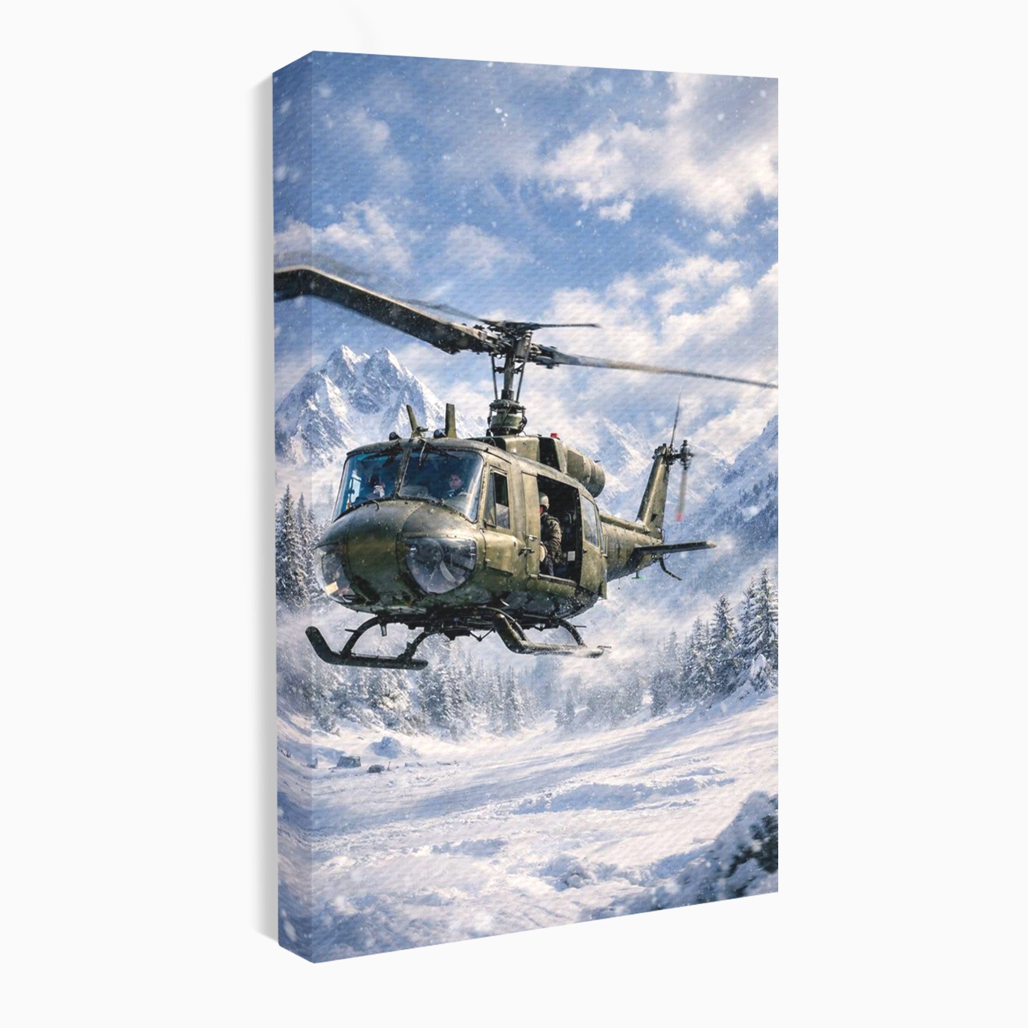 Tablou Canvas Premium LuxCanva® PI1289, Elicopter In Muntii Inzapeziti, Militar, Iarna, Peisaj Montan, Aventura, Zbor, Dormitor, Birou, Culori Vibrante