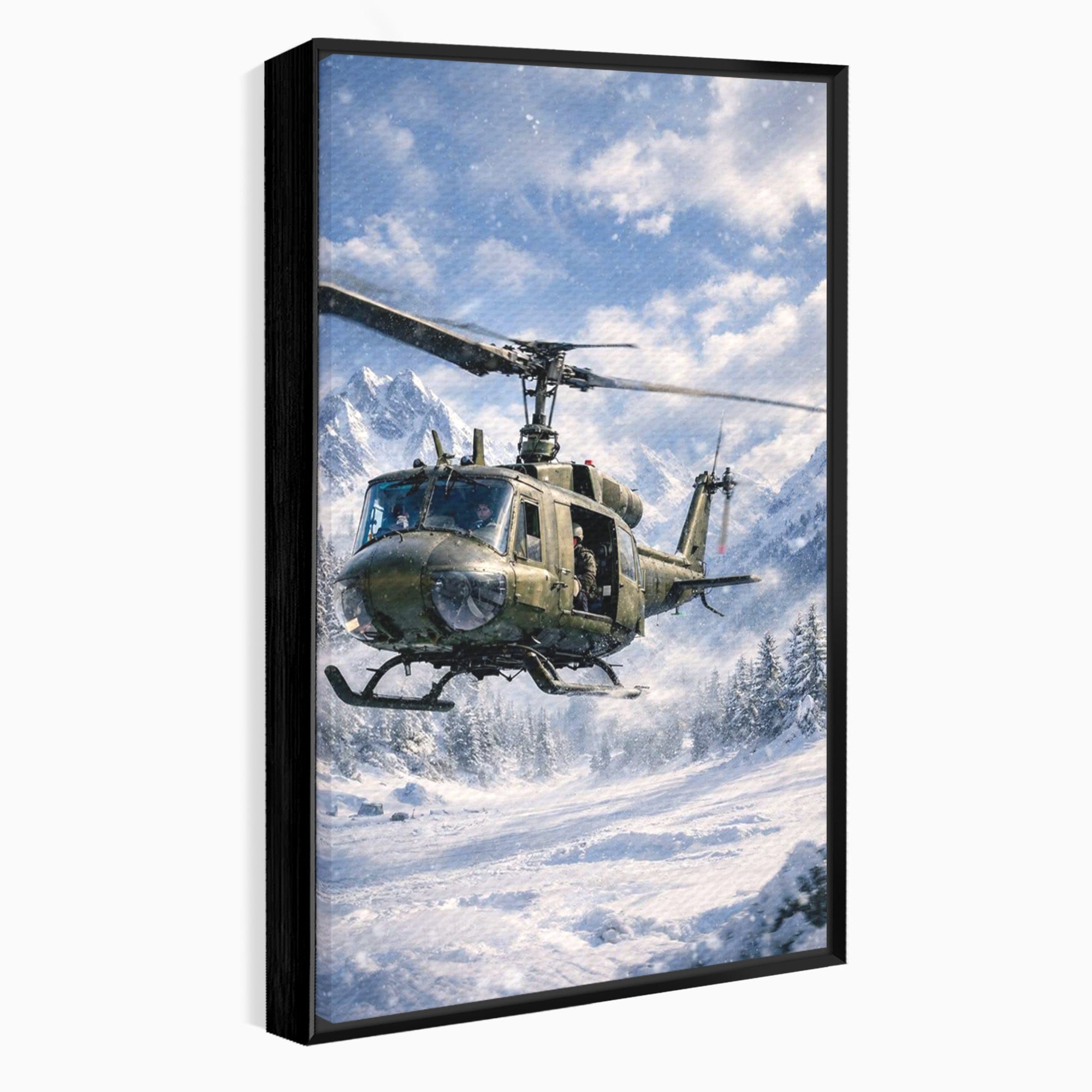 Tablou Canvas Premium LuxCanva® PI1289, Elicopter In Muntii Inzapeziti, Militar, Iarna, Peisaj Montan, Aventura, Zbor, Dormitor, Birou, Culori Vibrante